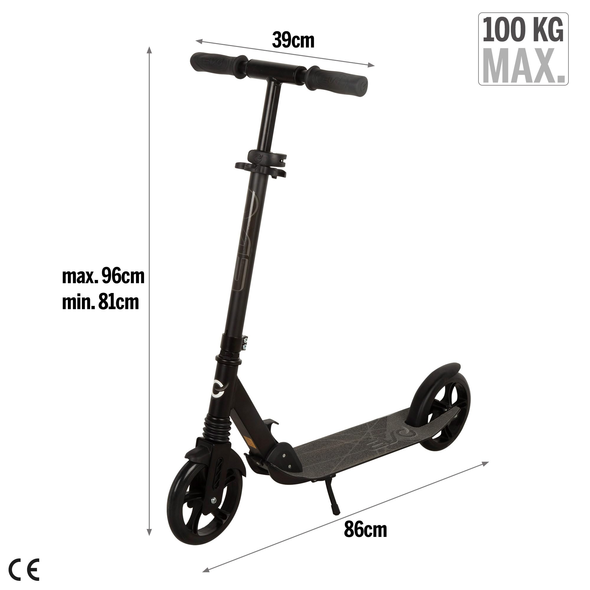 ColorBaby Evo 54348 Trottinette pour Enfant à 2 Roues, Pliable, Frein arrière, Support latéral, Base antidérapante, 86 x 39 x 96 cm, Max. 100 kg, Jouets pour Enfants 8 Ans