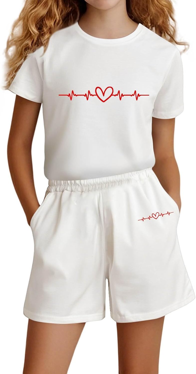 Girls 2 Piece Outfits Summer Short Sleeve Tops And Waist Shorts Set Cute Letter Print Crewneck Lightweight Casual Clothing
