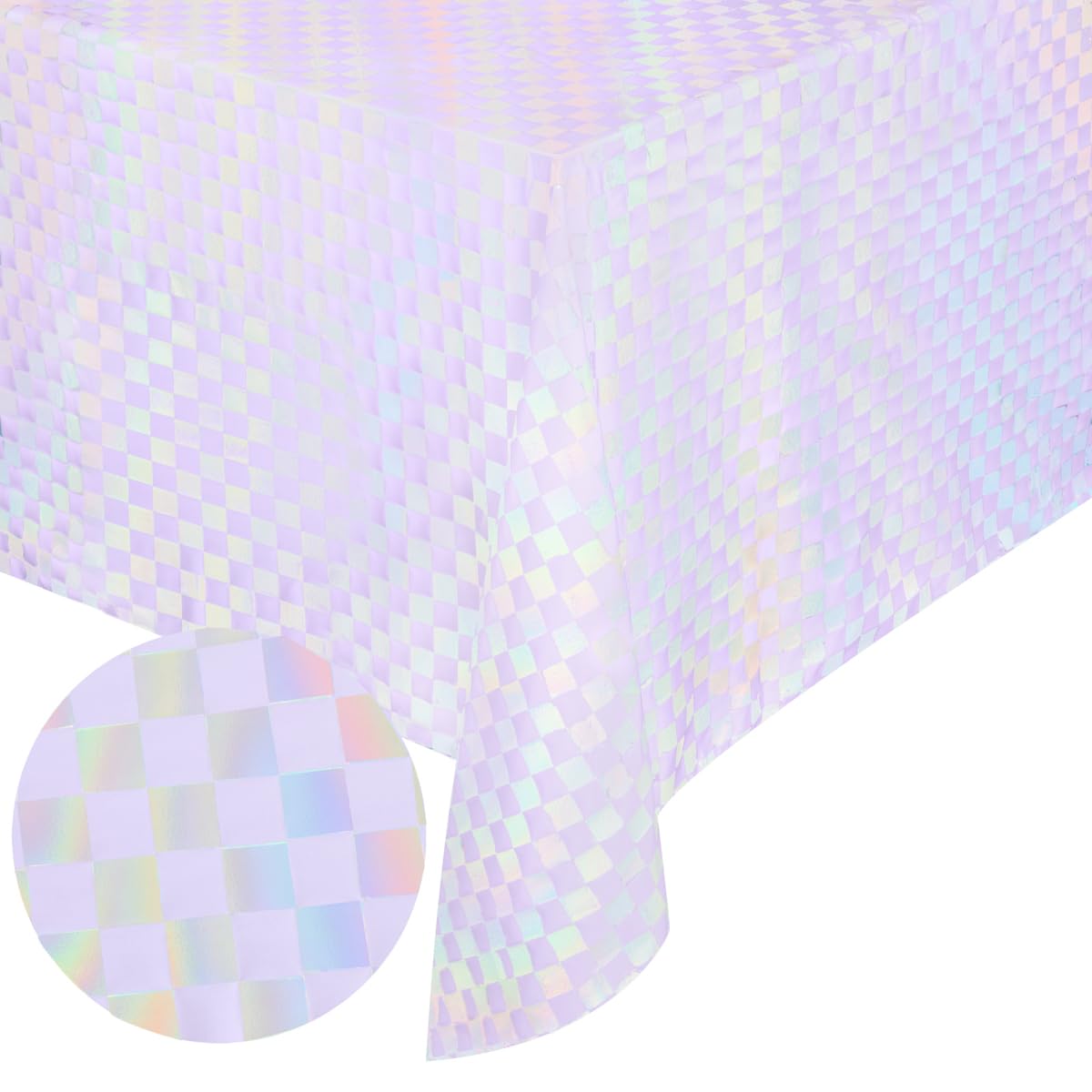 xo fetti purple  iridescent checkered washable tablecloth - 9 ft  unicorn birthday party decorations pink girl table cloth y2k eras decor pastel table cover