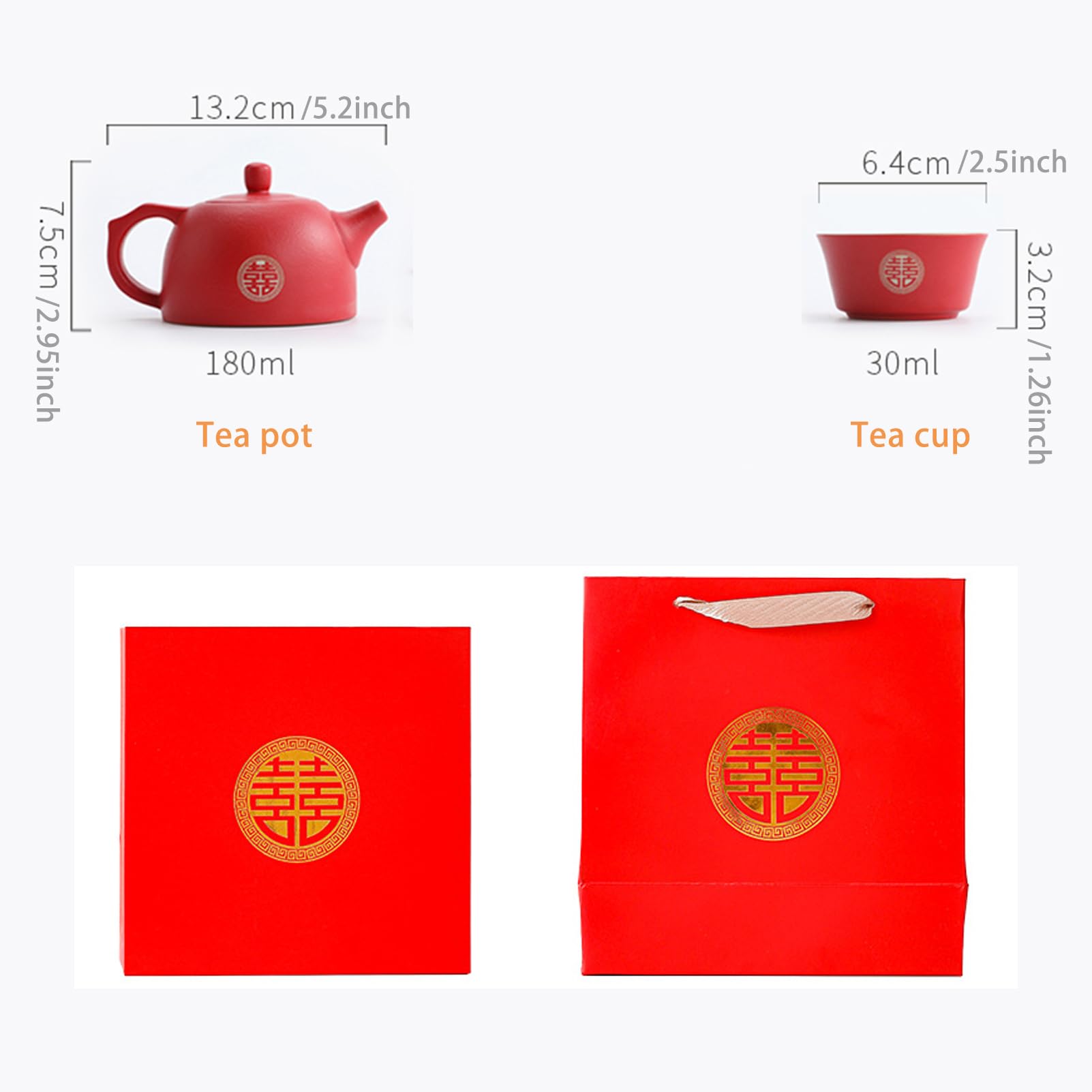 Regalo de boda, chino doble felicidad rojo boda té, hecho a mano cerámica 1 tetera 6 tazas para recién casados, amigos chino tradicional boda decoración suministros