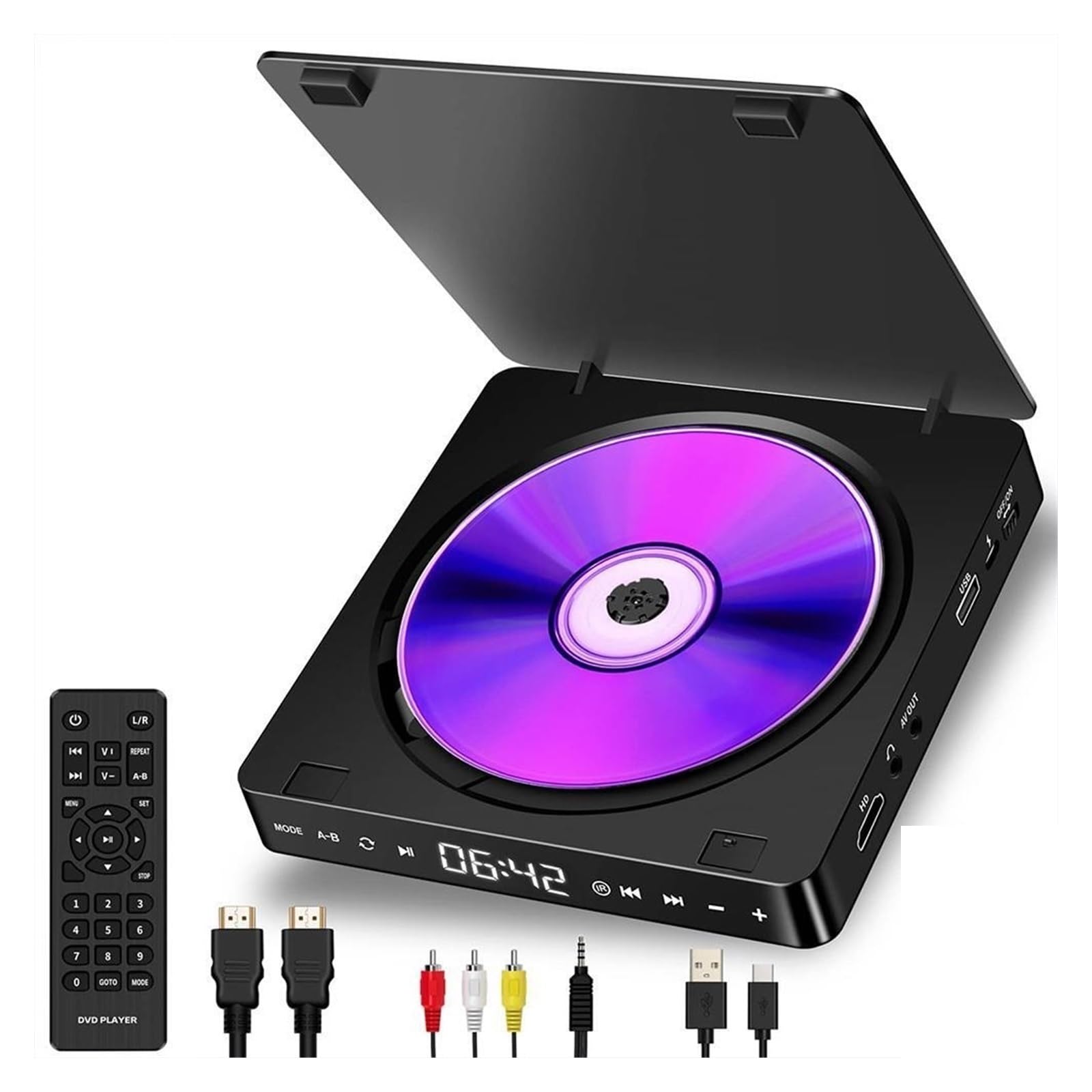 Lettore DVD portatile, Mini lettore CD Home DVD/VCD Hd Video Dvd Player Altoparlanti stereo Hifi 1080P Lettore portatile multifunzionale for proiettore TV