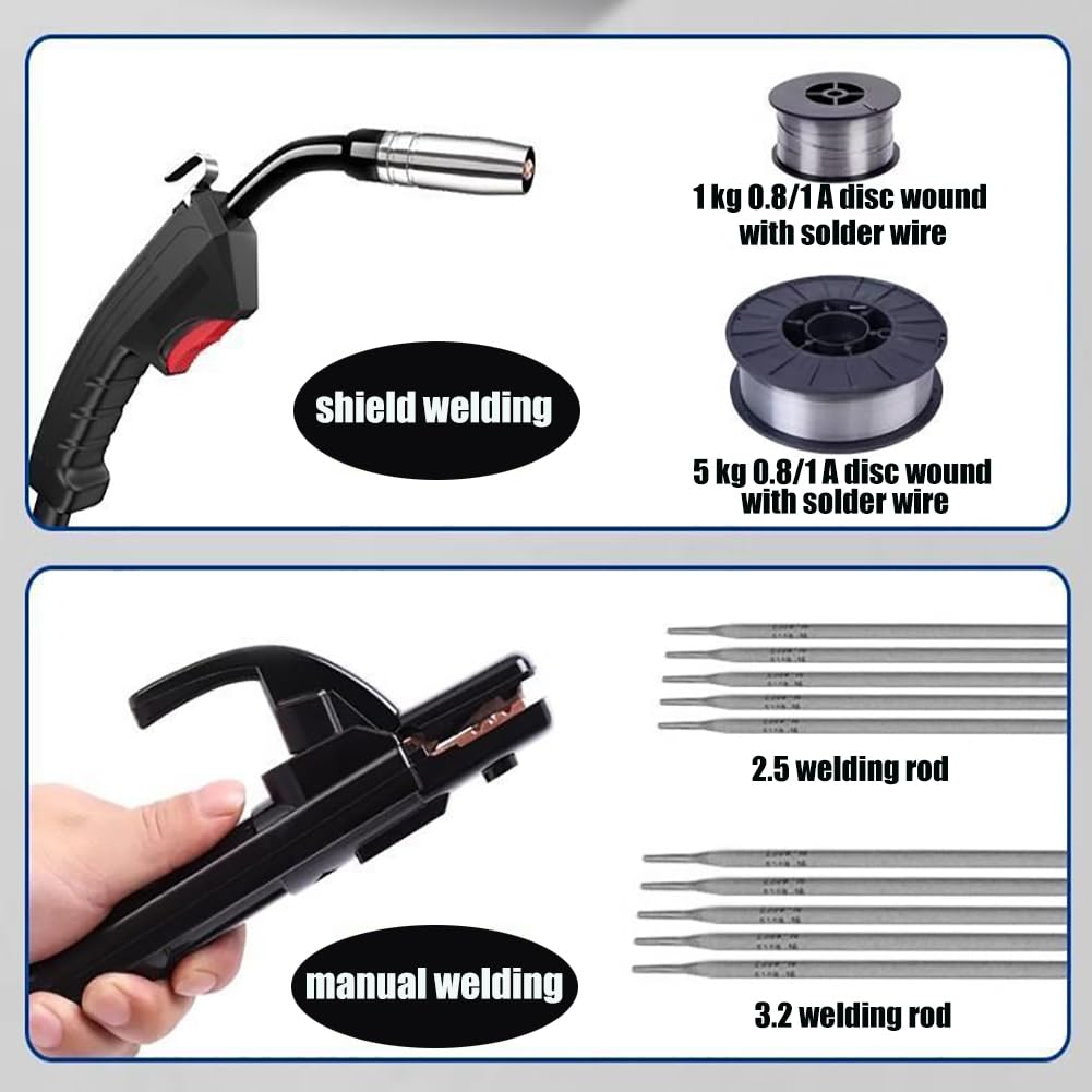 Saldatrice a Gas 5 in 1, Mini saldatrice 220v, saldatrice Senza Gas, saldatrice a Corrente Regolabile 30a~250a, Cambia modalità di Saldatura con Un clic, per Filo di Saldatura 0,8/1 e Bacchetta di