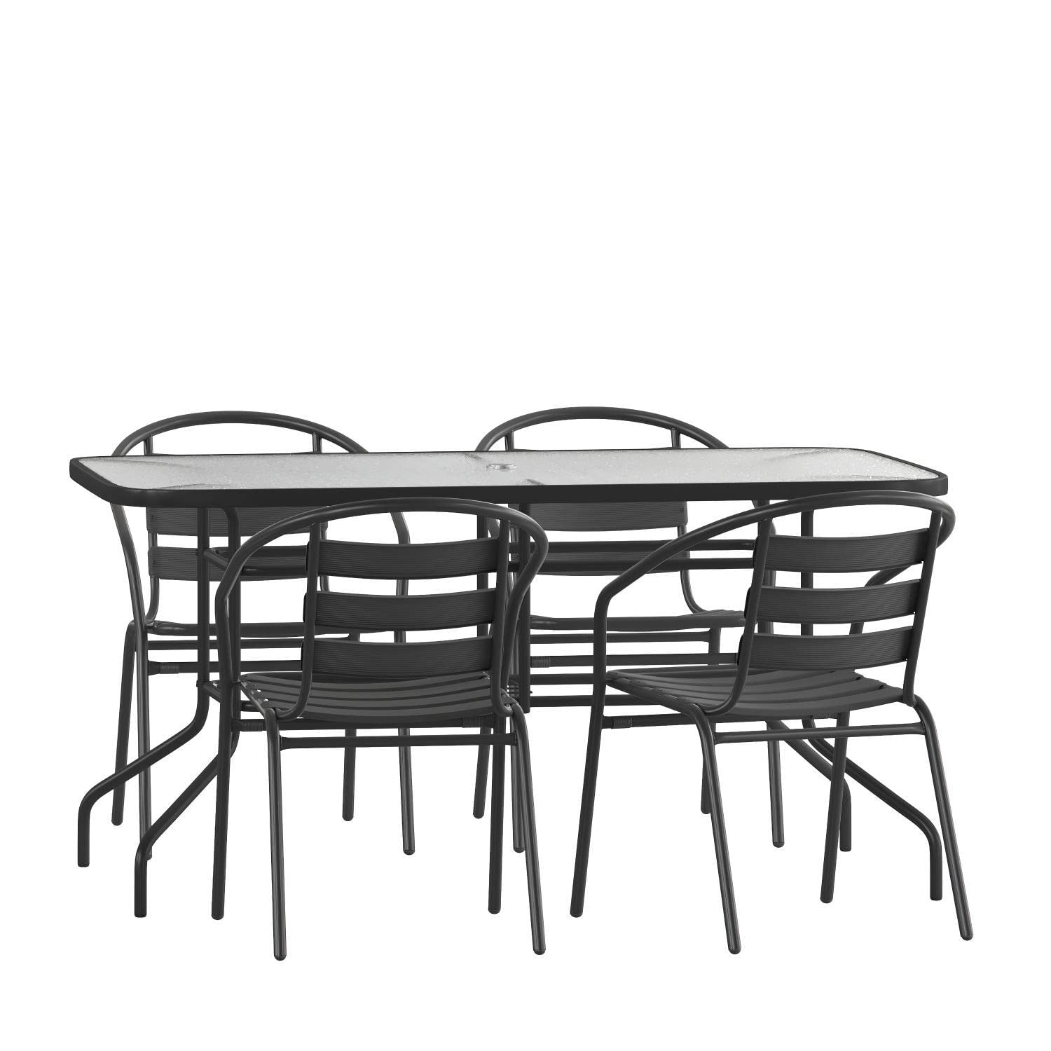 Photo 1 of  Black Metal Aluminum Slat Stack Chairs 5 Piece Set