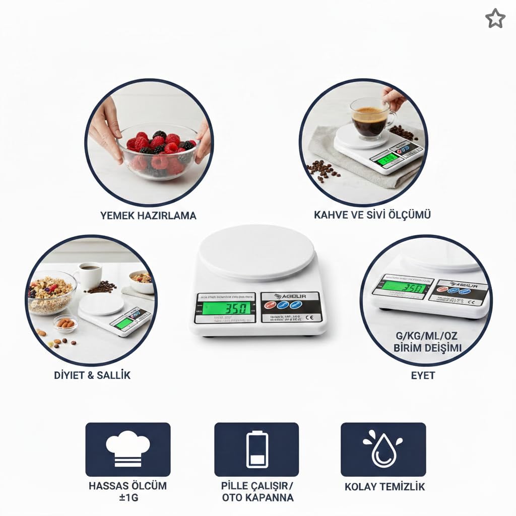 Dijital Hassas Mutfak Terazisi - 10kg Kapasiteli, LCD Ekranlı, Dara Fonksiyonlu Profesyonel Yemek, Pasta ve Diyet Tartısı - Beyaz (Pille Çalışır)