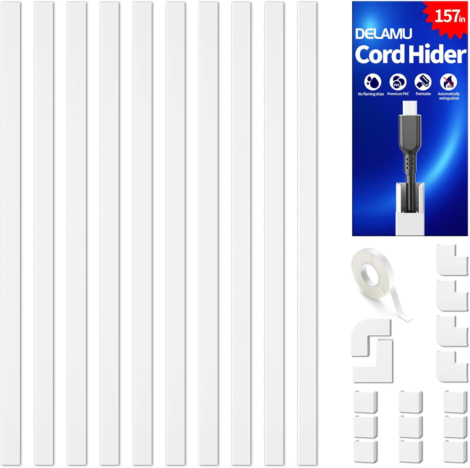 Delamu 157in Cord Covers for Wires on Wall, Cord Hider for 1 Cord, Paintable Cable Hider, Cable Management Wire Covers for Cords, W0.55 H0.4in, White 157inL x 0.55in W x 0.4in H White