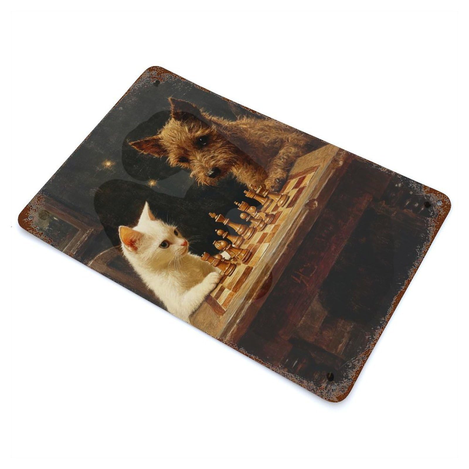 Chess Playing Cat And Dog Rusty Metal Tin Sign 11.8"x7.9", Ideal for Shed, Workshop And Garage Wall Decor
