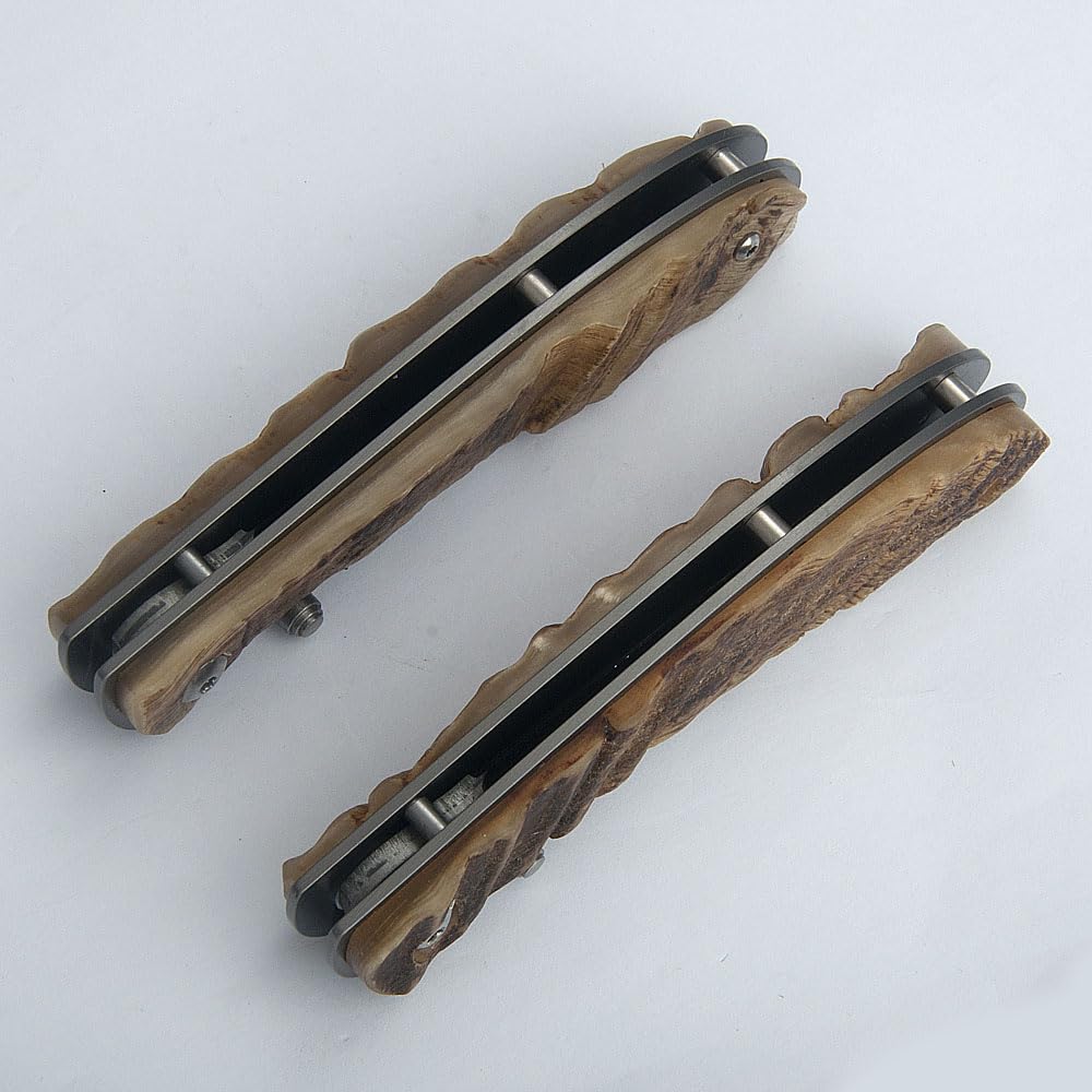 Damascus Acciaio Pieghevole Pocket Knife, 3.1 "lama con guaina in pelle, EDC coltello per il campeggio quotidiano all'aperto Strumenti di escursionismo Regali (4" Ram Horn Handle)
