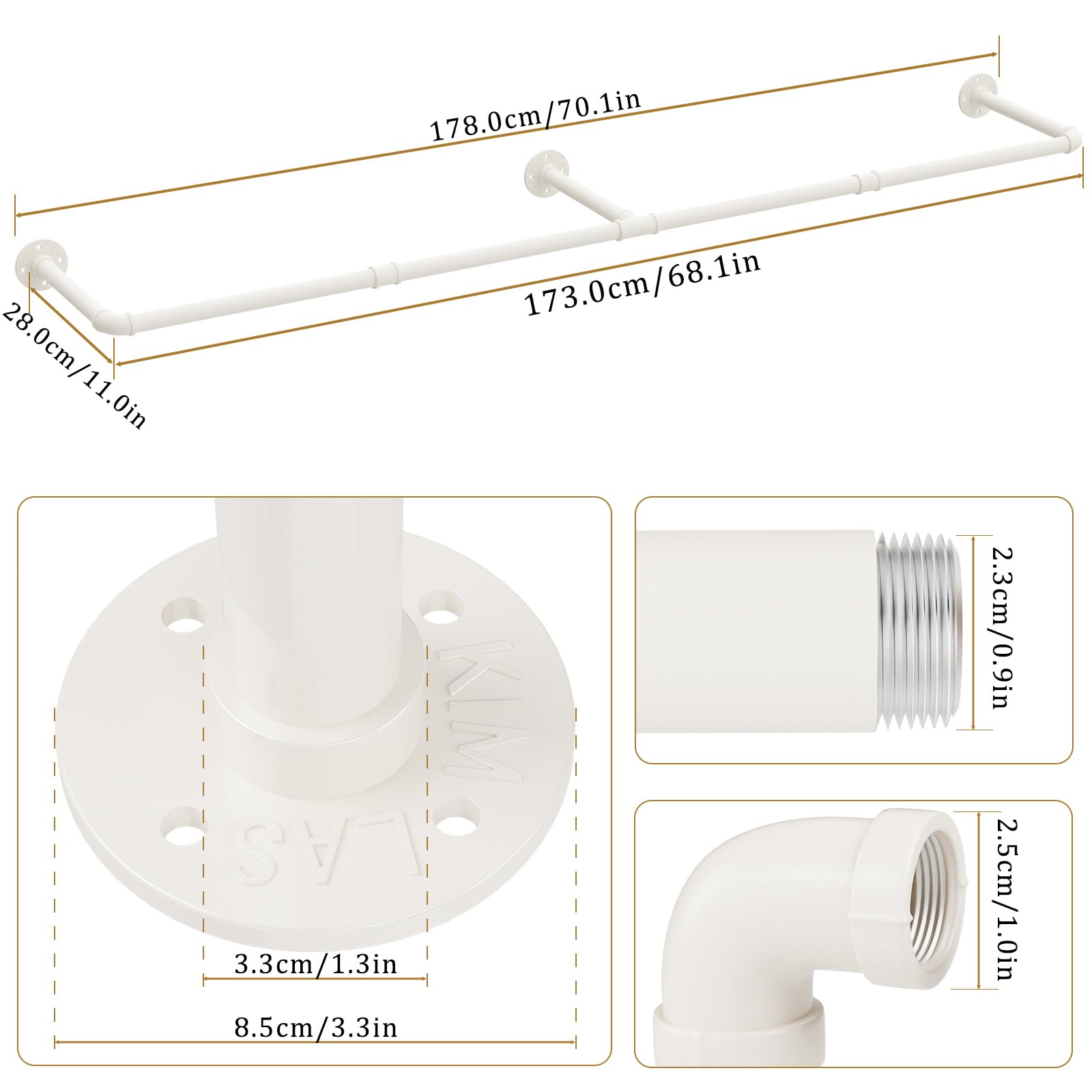 Yawinhe 178cm Tringle à Vêtement,Lot de 1 Portemanteaux Muraux,Crème | Penderie Murale; Amovible Barre de Porte-vêtements;Barre Dressing Industriel pour Vestiaire;étagère de cuisine pour Maison