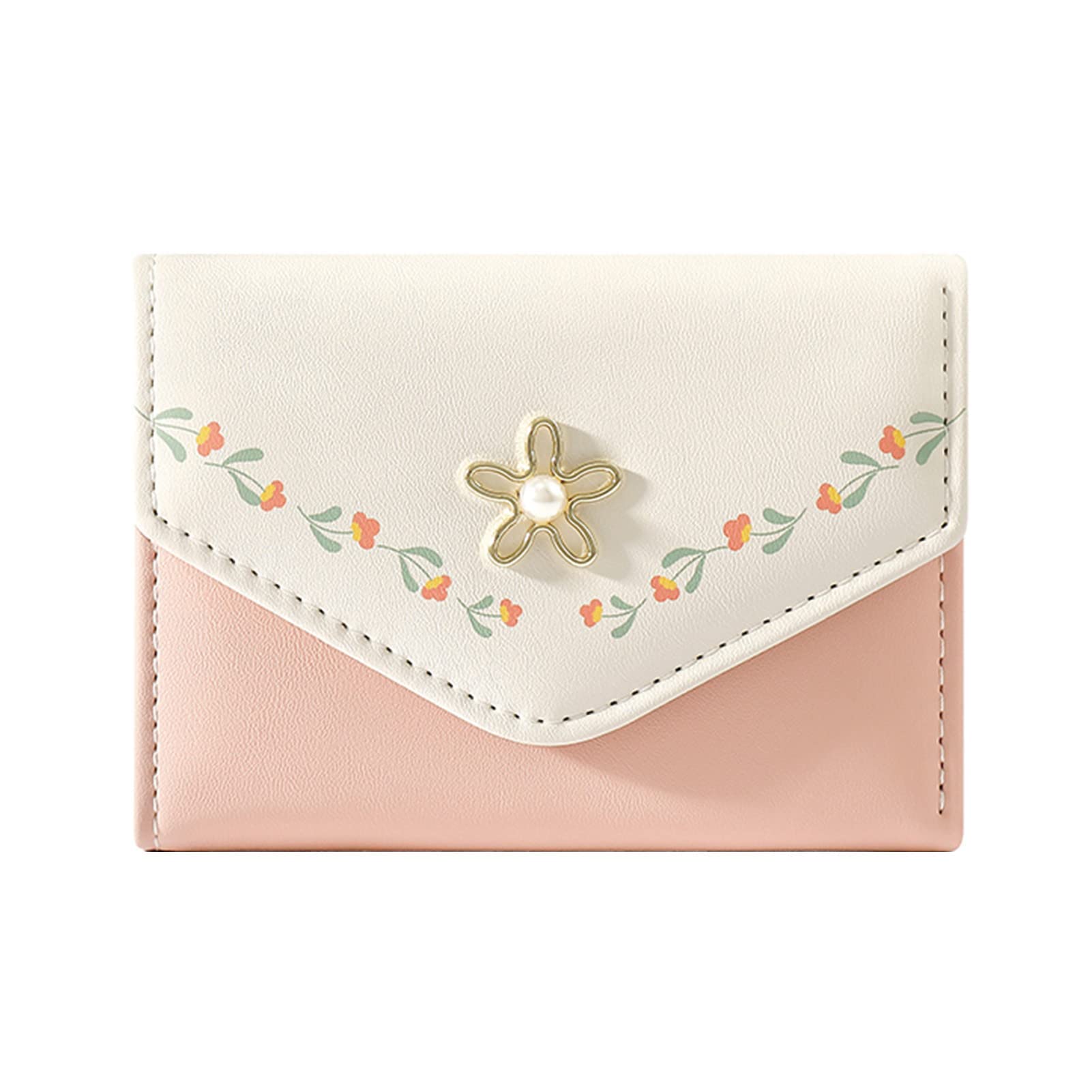 AUFUYAOLINWomen Girls Wallet Cute Flower Tri-Fold Wallet PU Leather Purse Slim Short Wallet Small Trifold Cash Card Holder Bag (Pink)