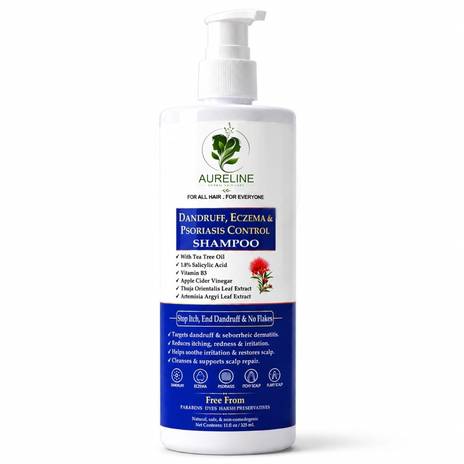 Dandruff, Eczema and Psoriasis Control Shampoo 1.8 Percent Salicylic acid, Tea tree oil, Niacinamide (Vitamin B3), Apple Cider Vinegar, Thuja Orientalis Leafs Extract,11 fl oz 325 mL