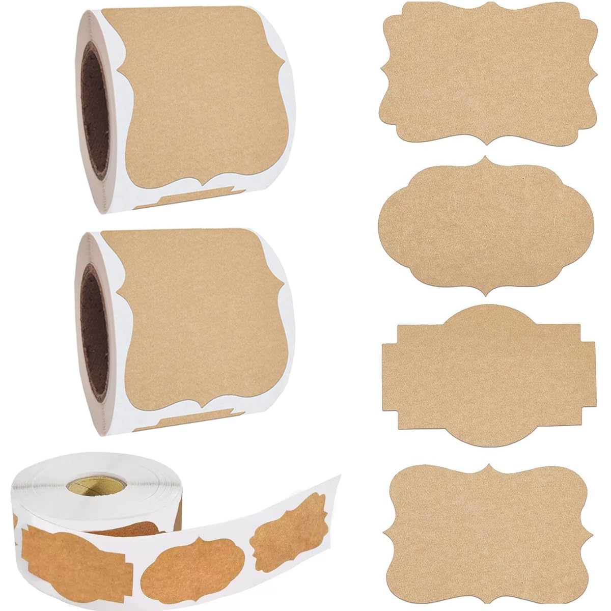 900PCS Kraft Paper Stickers, 4 Fancy Shapes Labels Self Adhesive Blank Stickers for Crafts, Homemade Food Jars, Gift Tags, Name Labels, Envelope, Home Office Business Uses