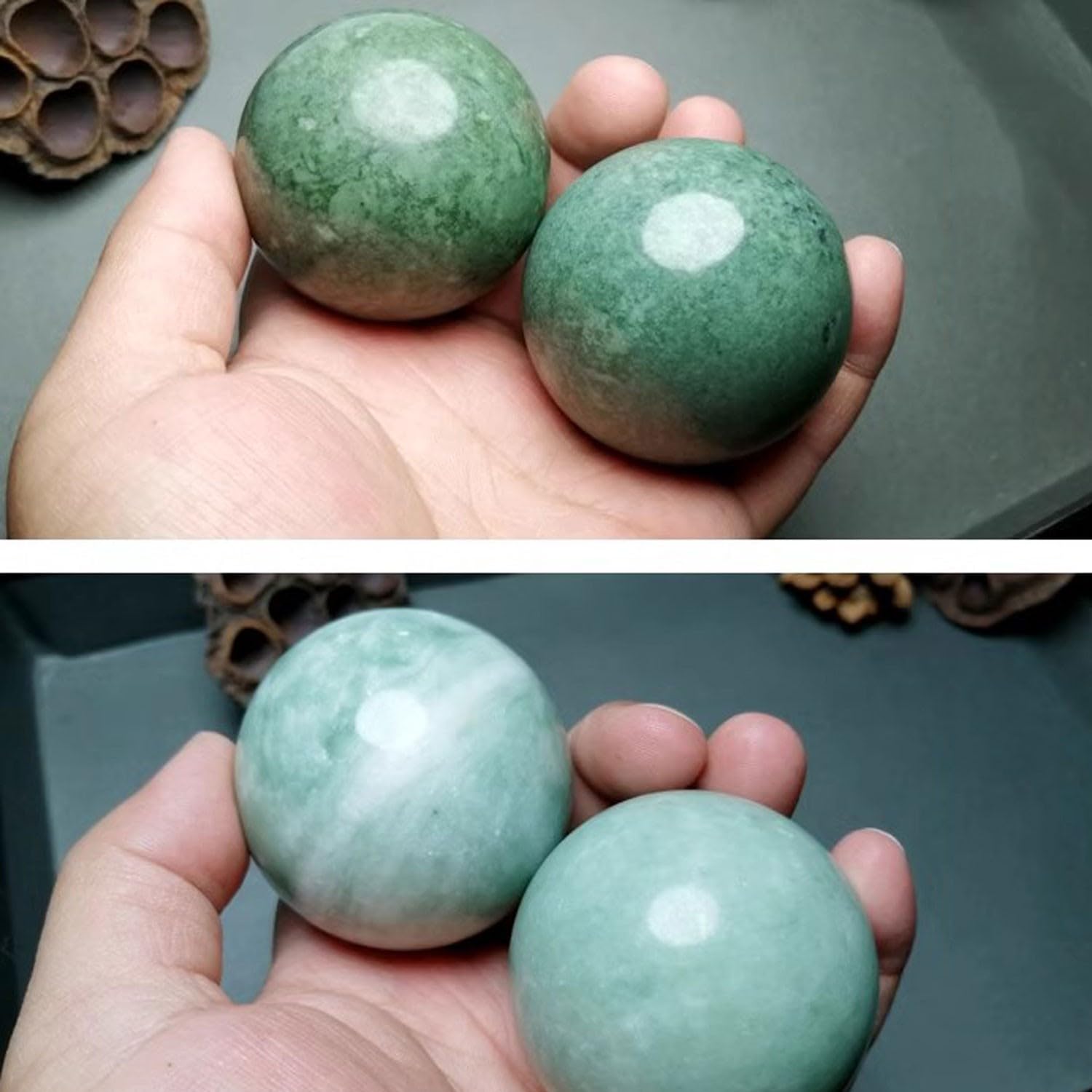 Palle Cinesi Baoding In Giada Naturale Marrone - 5 Pollici - Per Massaggio, Esercizio Mani E Alleviare Lo Stress - Con Borsa - 3