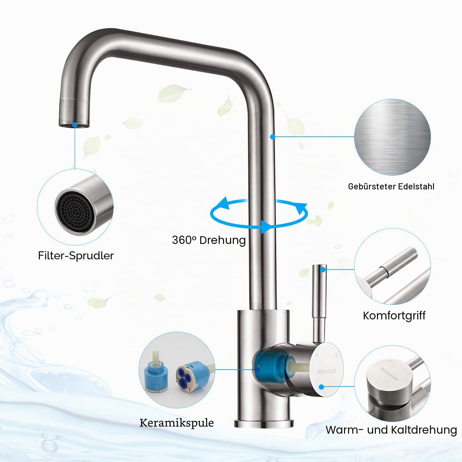 BONADE Niederdruck Armatur Küche Edelstahl, Küchenarmatur Niederdruck 360° Drehung, Spültischarmatur Mischbatterie Einhandmischer für Küche, Wasserhahn Küche Niederdruck 3 Anschlüsse an den Boiler