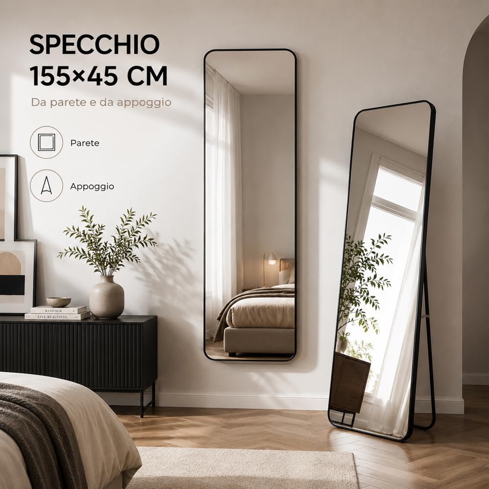 Shally Dogan Specchio da Terra e da Muro Rettangolare, Stand Autoportante Indipendente e da Parete, Decorazione Interna, Design Minimal, Figura Intera e Cornice in Alluminio, 155 x 45 cm, Nero