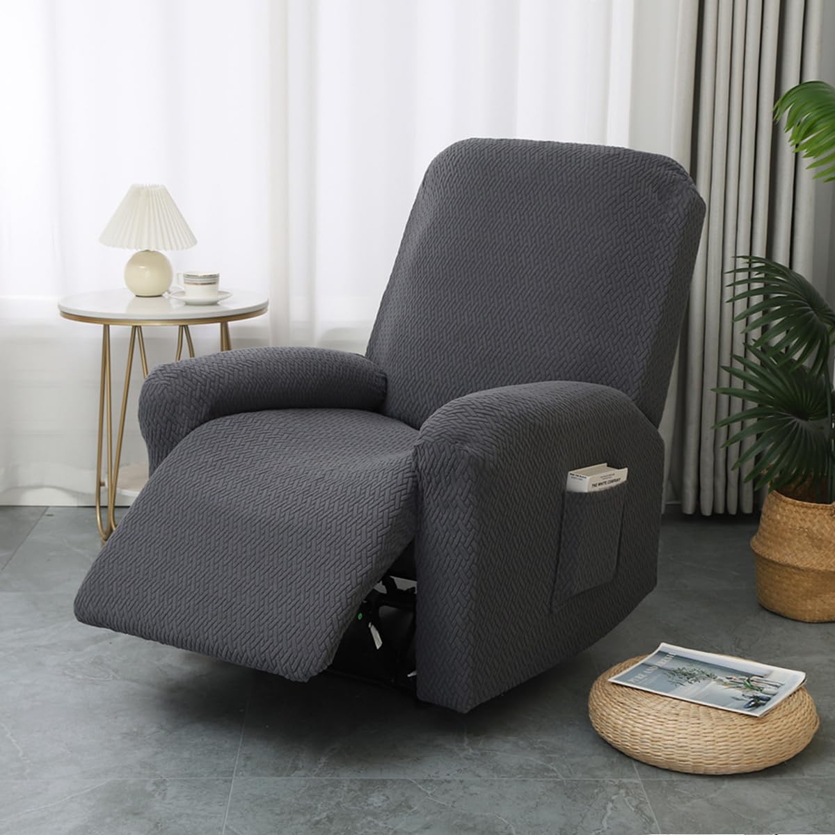 Funda Sillon Relax Reclinable, Jacquard Gris Oscuro Funda Sillon Relax 1 Plaza, Elástica 4 Piezas Funda para Sofá Reclinable con Bolsillos Laterales Extraíble
