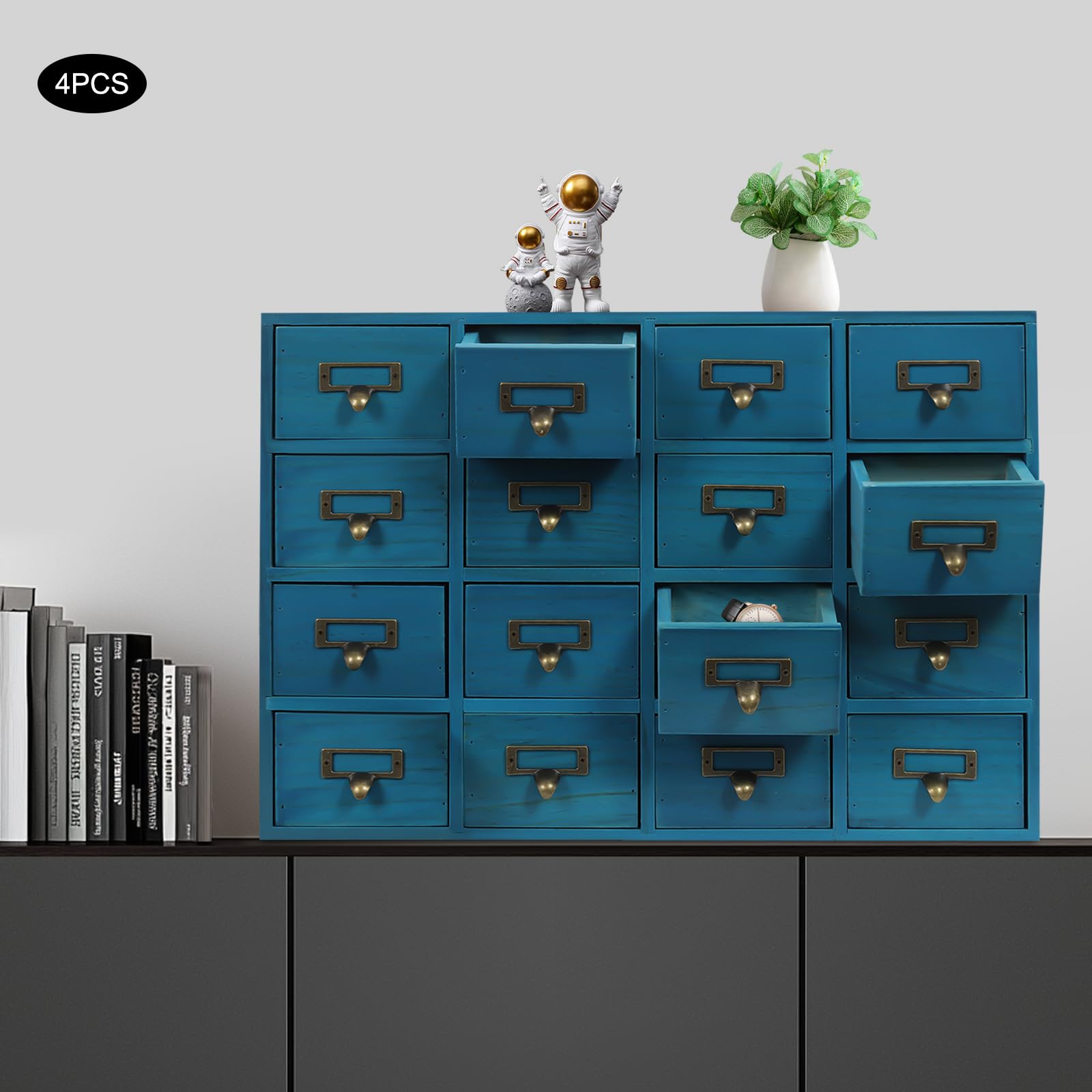 Organizador de Literatura Vintage de Madera con 16 cajones para Guardar Cartas, Papeles y revistas (64 cajones/Azul)