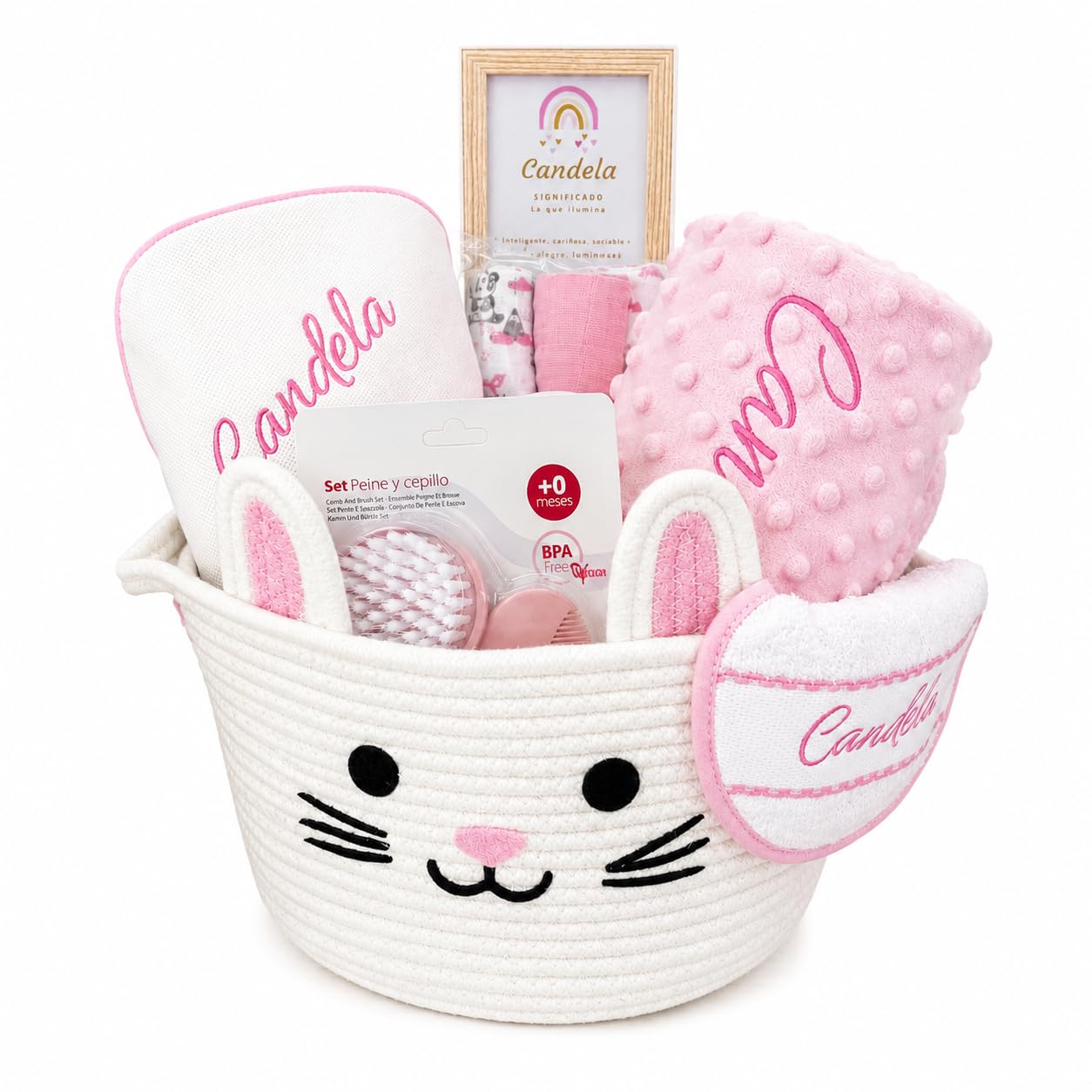 Canastilla Bebé Personalizada con Nombre Bordado | Regalo Recién Nacido | Cesta Bebé Premium con Manta Minky, Toalla, Babero, Muselinas y Accesorios | Danielstore (Rosa)