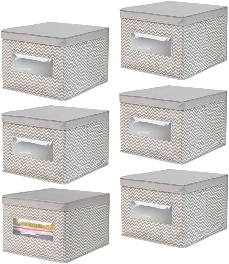 Six mDesign fabric storage boxes with clear windows and lids, arranged in two rows of three.