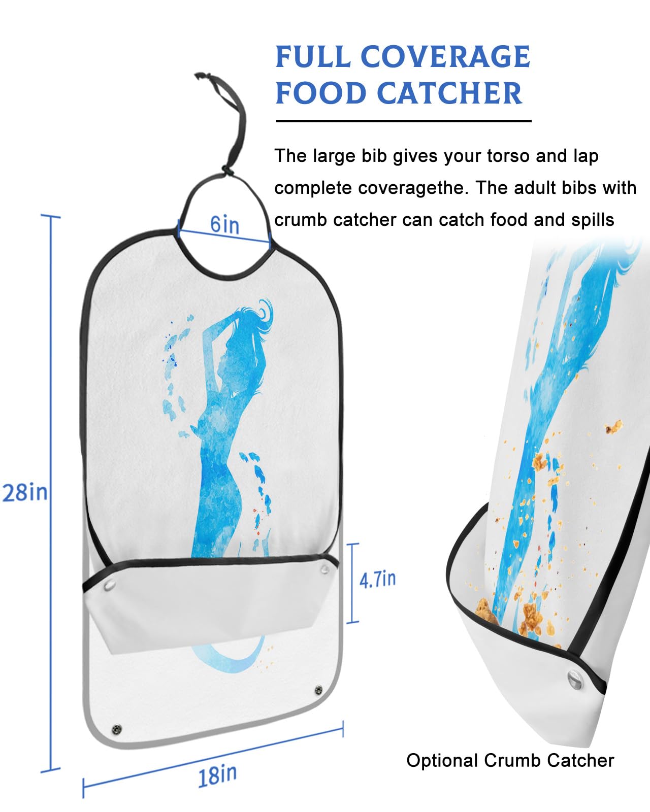 Blue Mermaid Silhouette Adult Bibs for Eating, Waterproof Bibs with Food Catcher & Adjustable Snap Closure, Watercolor Ocean Fish Psychedelic Clothing Protectors Adult Bibs for Elderly Women/Men
