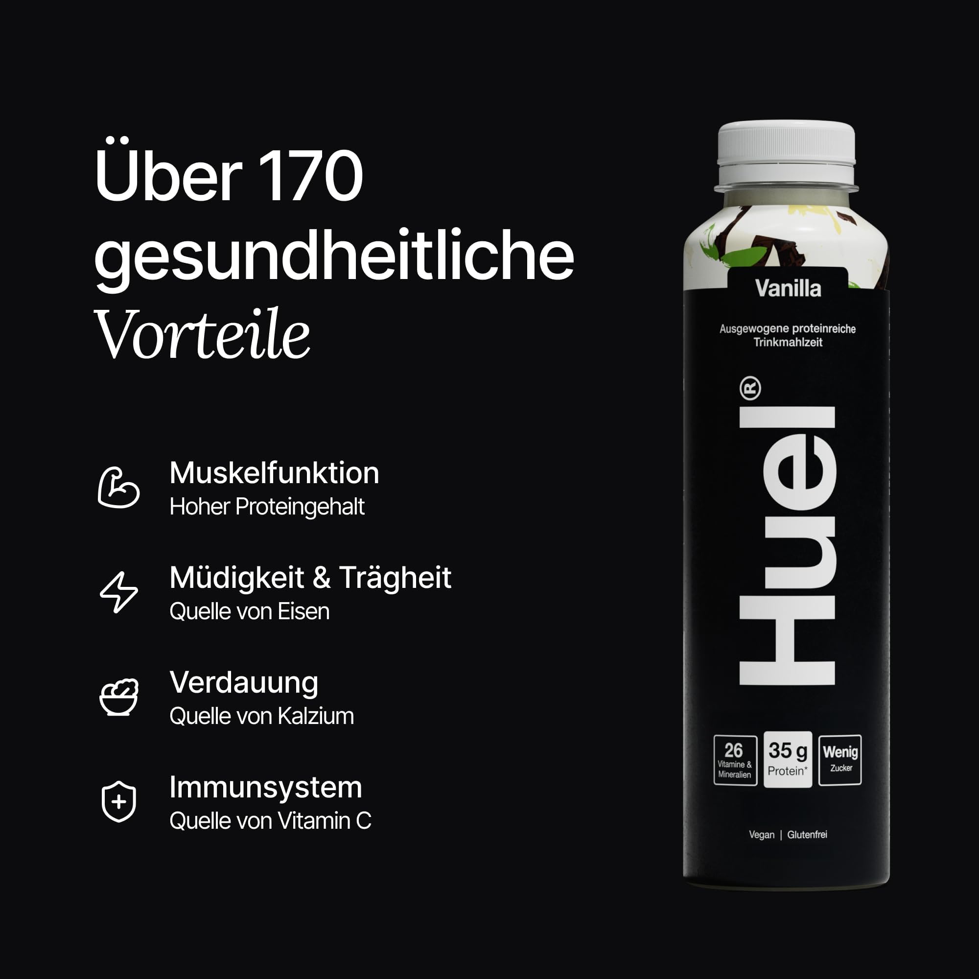 Huel Black Edition Drink Vanilla, proteinreiche Trinkmahlzeit für unterwegs - 8 x 500 ml - 35 g Protein, Reich an Vitamin D, gesunden Fettsäuren & Kalzium, Plant-based, Geschmack Vanille