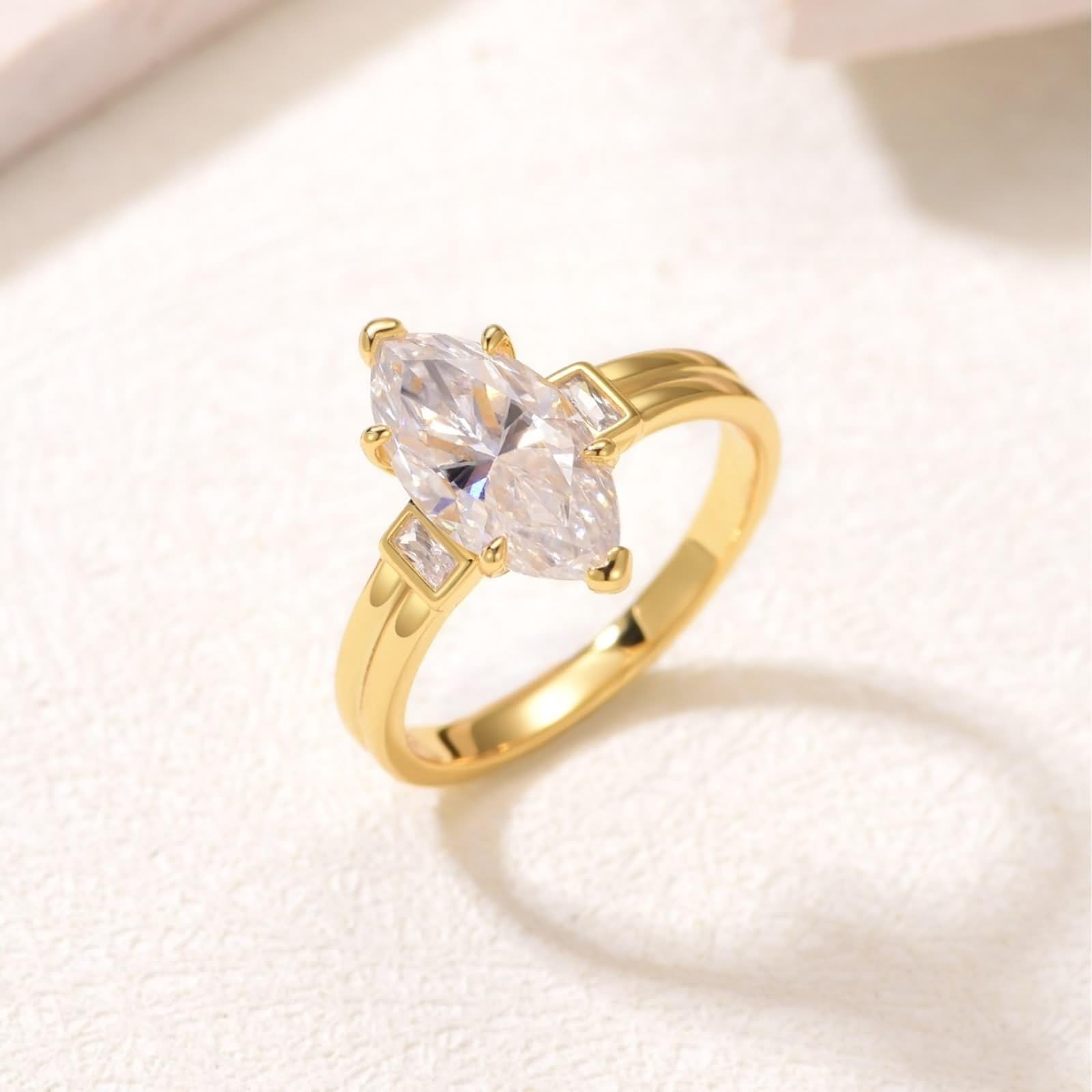 Anillos de compromiso, anillos de amistad, marquesa con moissanite de 3 quilates, oro amarillo de 14 quilates, talla 65 (20,7)