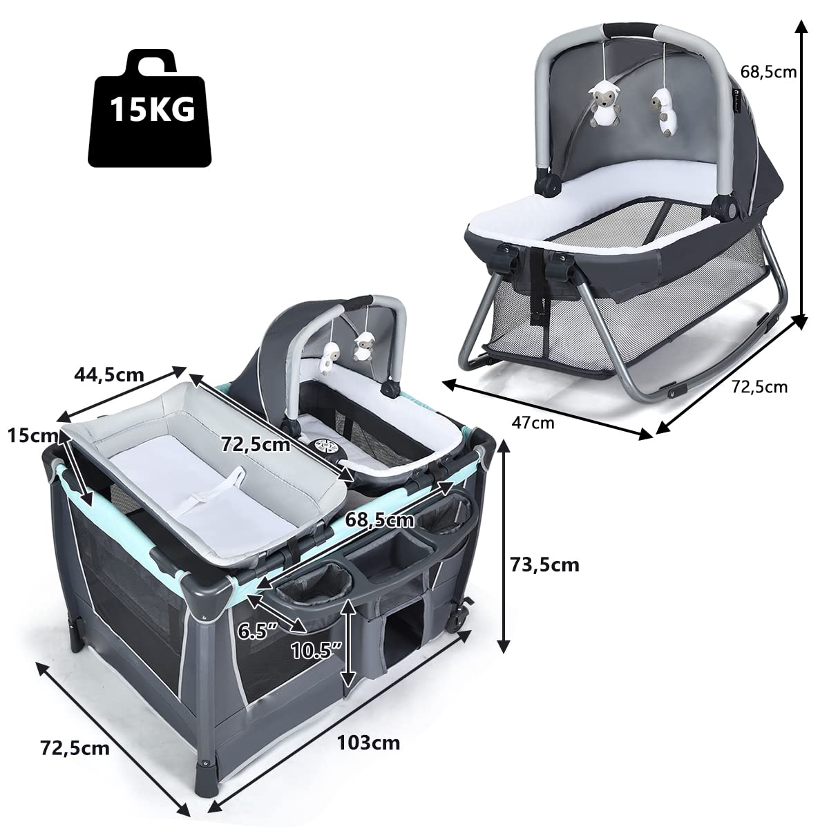 LIFEZEAL 4 en 1 Lit Parapluie Bébé avec Matelas à 2 Niveaux, 0-36 Mois, Lit Bébé Pliable en Tissu Oxford, Charge de 15 KG, Berceau Bébé avec Table à Langer, 2 Roues avec Freins (Vert)
