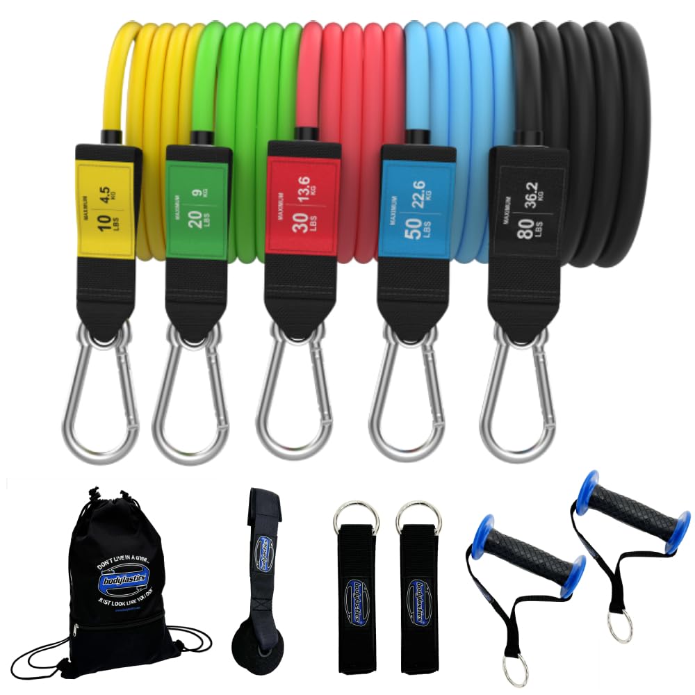 Bodylastics 12 pcs Snap Guard Resistance Bands Set with 5 Stackable anti-snap exercise tubes, Heavy Duty components, carrying case, massive 3x4 ft. Wall Chart and FREE 3 month access to over 2000 full length resistance bands workout videos, from Pila (B006NZZH18) Amazon Price History, Amazon Price Tracker