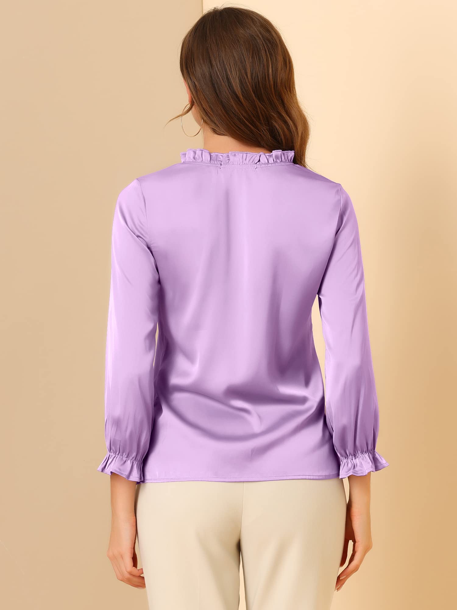 Allegra K Chemisier en satin avec col à volants et manches à bulles pour femme, lavande, Taille M