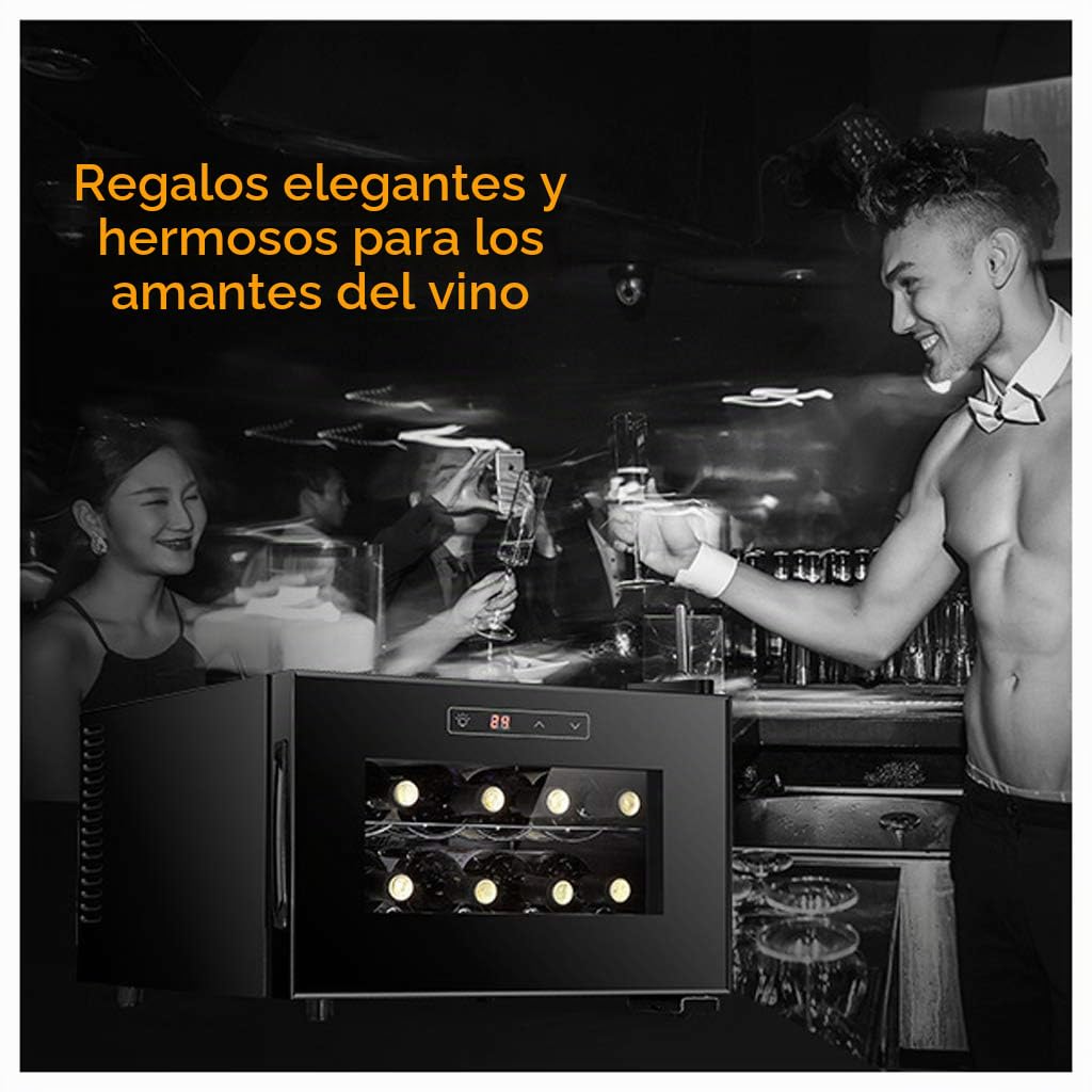 Vinoteca Electrónico, Frigorifico de Vino Tinto y Blanco, Nevera Vino de Bar Pequeño de 8 Botellas, Control Digital, Puerta de Vidrio, Mini Refrigerador de Mostrador,Horizontal