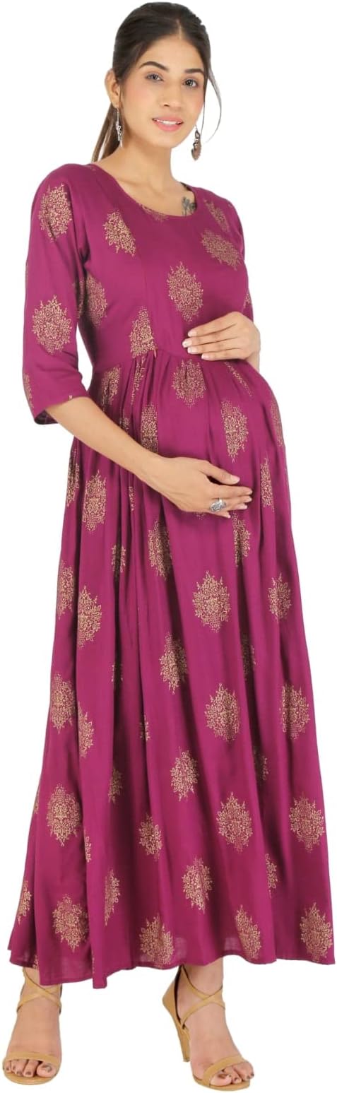 Rayon Collar Front Button Maternity Kurta for Women(RUNK-5066-Maroon)