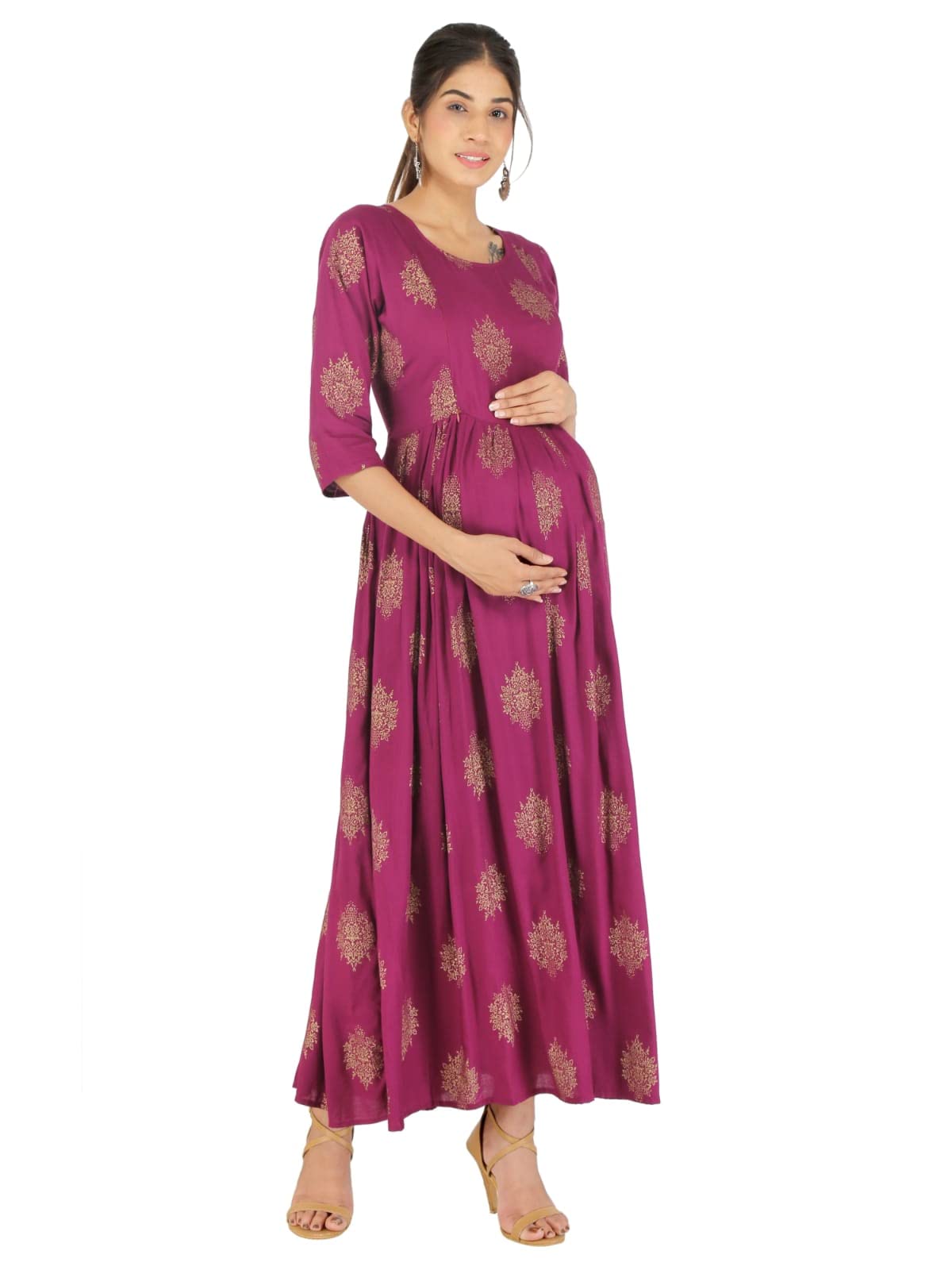 Rayon Collar Front Button Maternity Kurta for Women(RUNK-5066-Maroon)