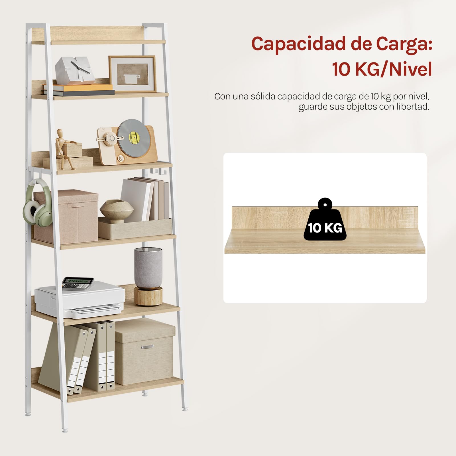 WOLTU Estantería de 6 Niveles, Estantes Madera Almacenaje, con 4 Ganchos, Estanteria Industrial para Salón, Estudio y Cocina, Marco Metálico, 64x36x187,5 cm Roble Claro + Blanco