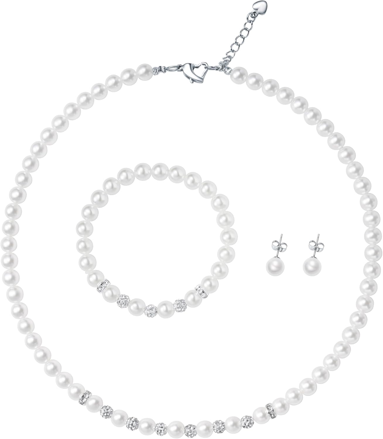 6mm Faux Pearl Jewelry Set for Women & Girls - Necklace, Bracelet & Stud Earrings with Sparkling Rhinestones