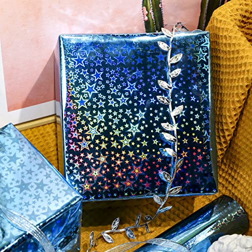 Lezakaa Blue Holographic Wrapping Paper - Mini Roll - Star Print For Birthday, Holiday - 17.32 Inches X 32.8 Feet (47.23 Sq.ft.) #TOP4