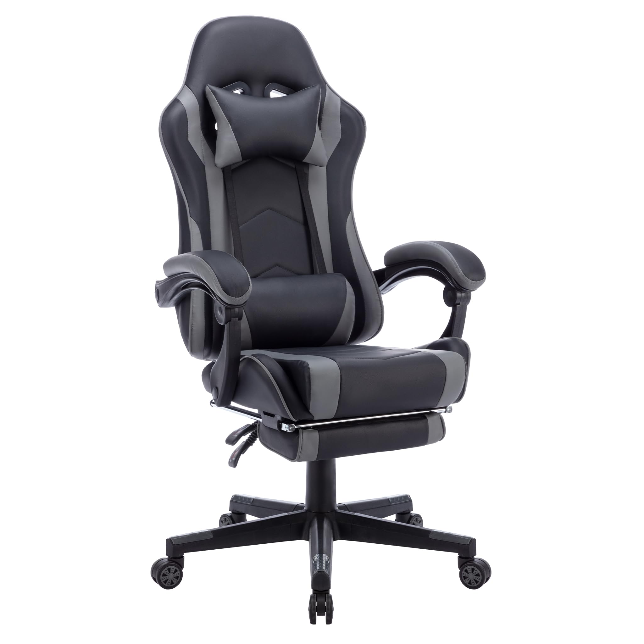 Chaise Gaming HLFURNIEU - Coussin Lombair, Repose-Pieds, Réglable, Noir Et Gris