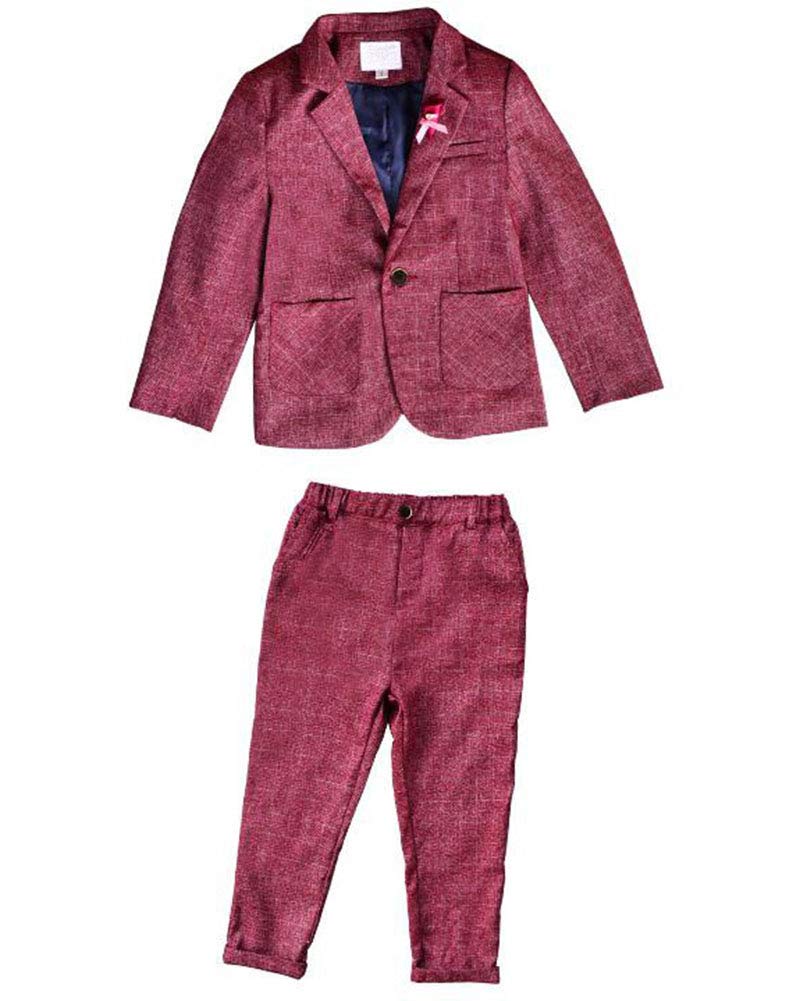 Jungen Kinder Anzug Plaid Zweiteiliges Set Lange Ärmel Revers Blazer Hosen Outfit Burgunderrot 130