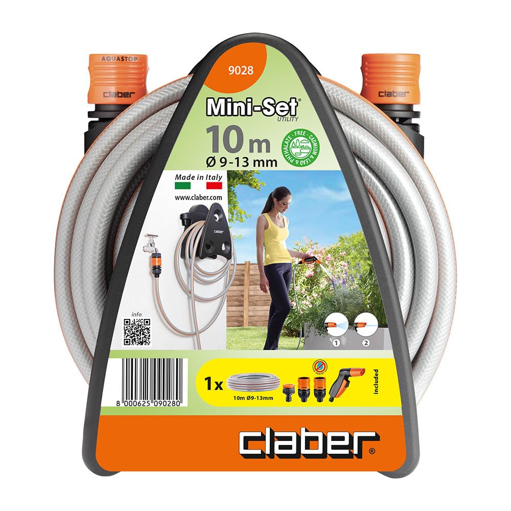 Claber Mini-set Utility, portamanguera con manguera de jardín, conectores y pistola rociadora con doble chorro