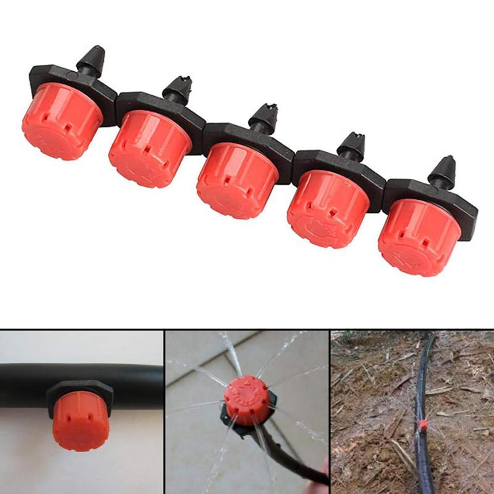Boquillas de niebla de 1/4 pulgadas, 8 agujeros ajustables 360 grados para riego por goteo de jardín, antiobstrucción, boquillas de goteo para césped, jardín, riego (300 unidades), color rojo