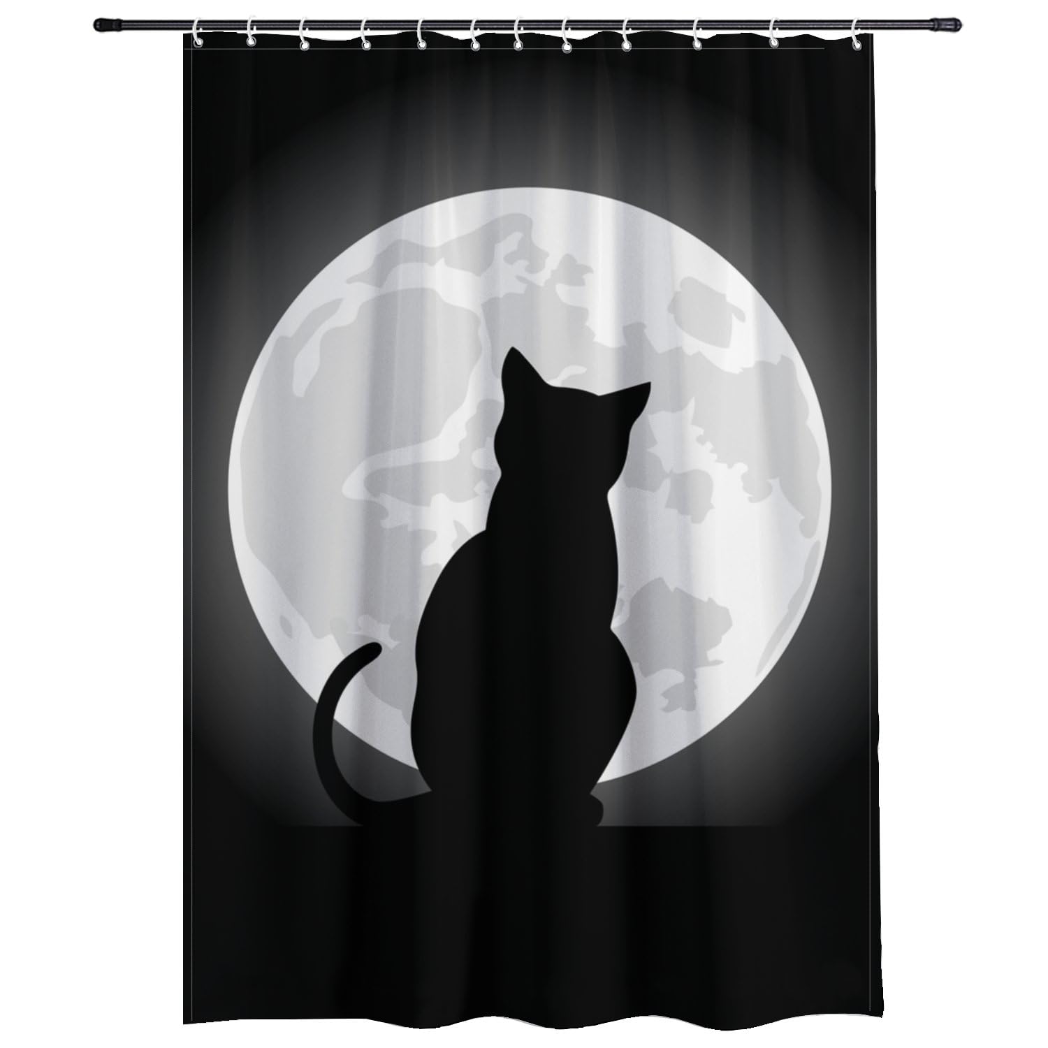 Black White Moon Cat Shower Curtain Mould Resistant Machine Washable Waterproof Shower Curtain with Hooks Extra Long Black Bathroom Curtains Polyester Fabric Bath Curtains 180×180cm Home Decor