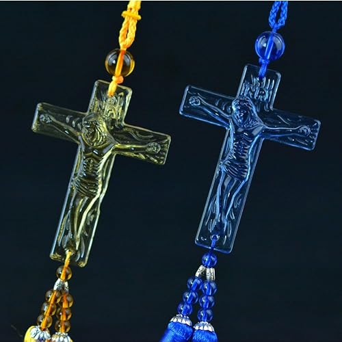 Miniatura 4 de Borlas dobles de seda de hielo, cruz de cristal para espejo retrovisor de automóvil, adornos colgantes con borlas cruzadas cristianas, accesorios