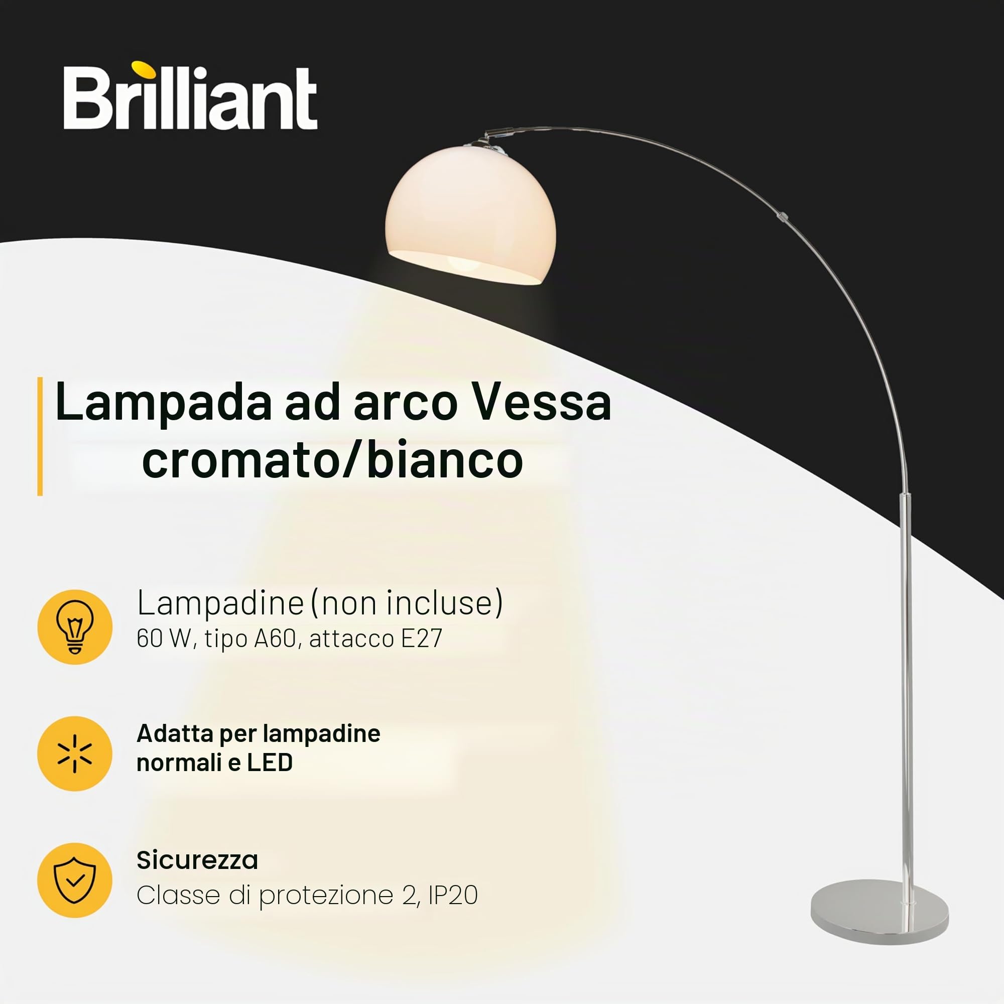 Brilliant Lampe Vessa Bogenstandleuchte 1, 7m chrom/weiß