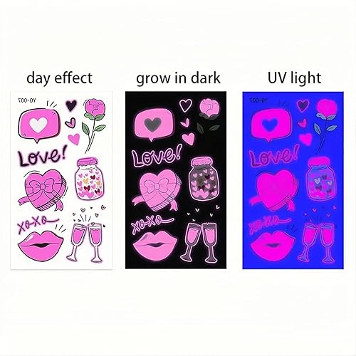 Miniatura 9 de Tatuaje temporal para el día de San Valentín para adultos y niños, tatuajes falsos de labios de corazón, flores de rosa, calcomanías luminosas de