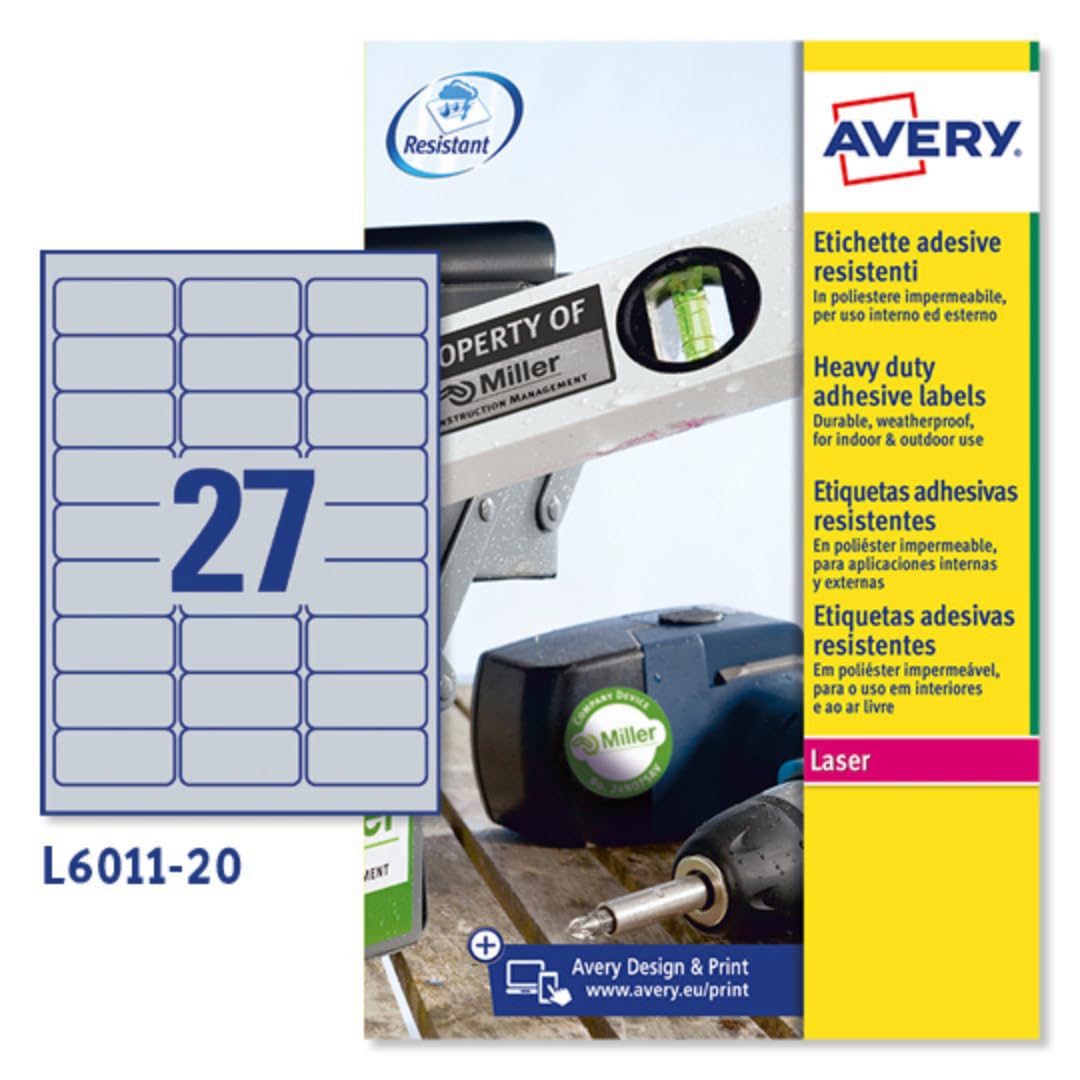Avery España L6011-20 Etiquetas adhesivas poliéster plata resistente, 20 hojas A4, rectangulares 63,5x29,6mm, 27 etiquetas por hoja, adhesivo permanente, impresoras láser