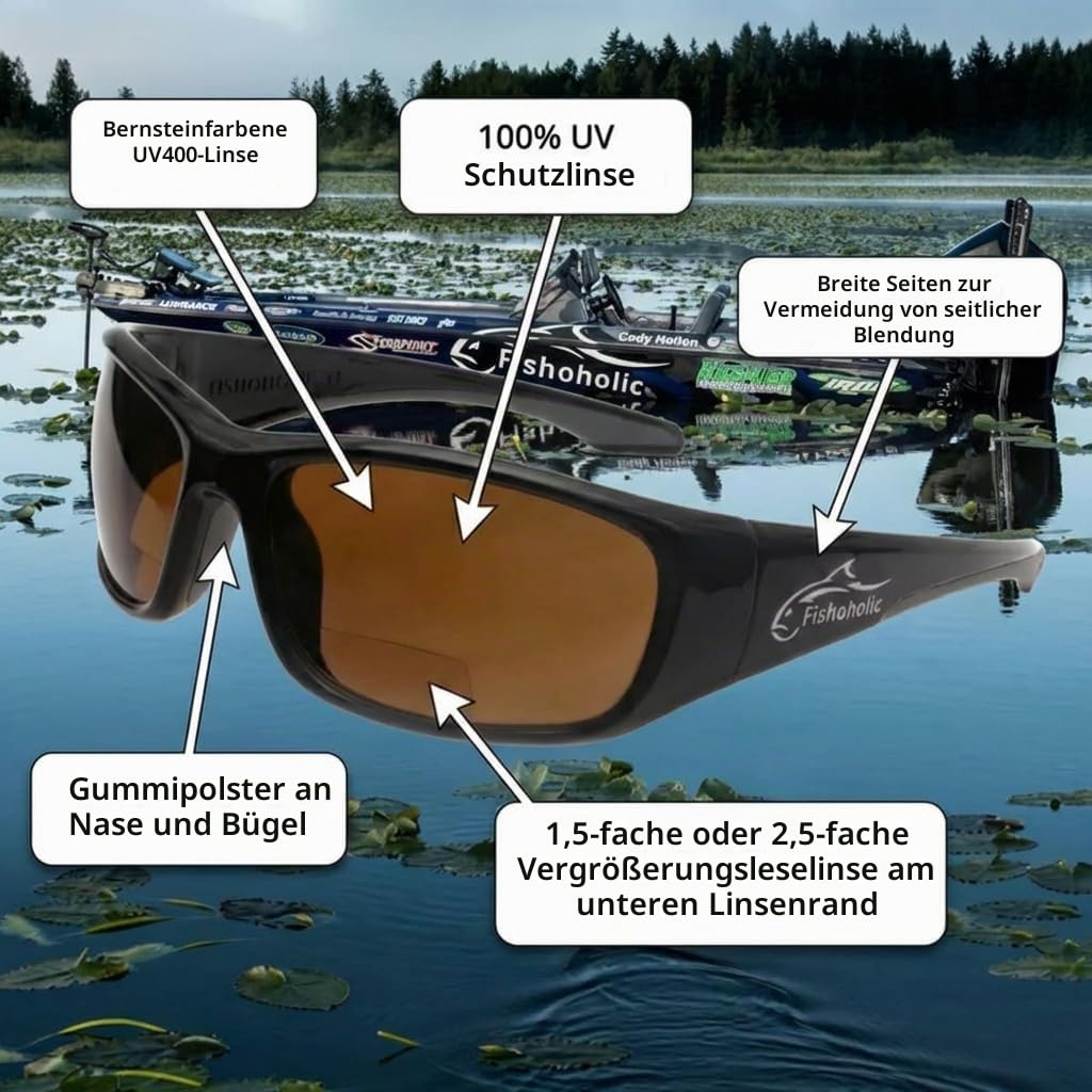 Fishoholic Polarisierte bifokale Angelbrille mit Leservergrößerung (1,5 x, 2,0 x, 2,5 x Optionen) und UV400-Schutz