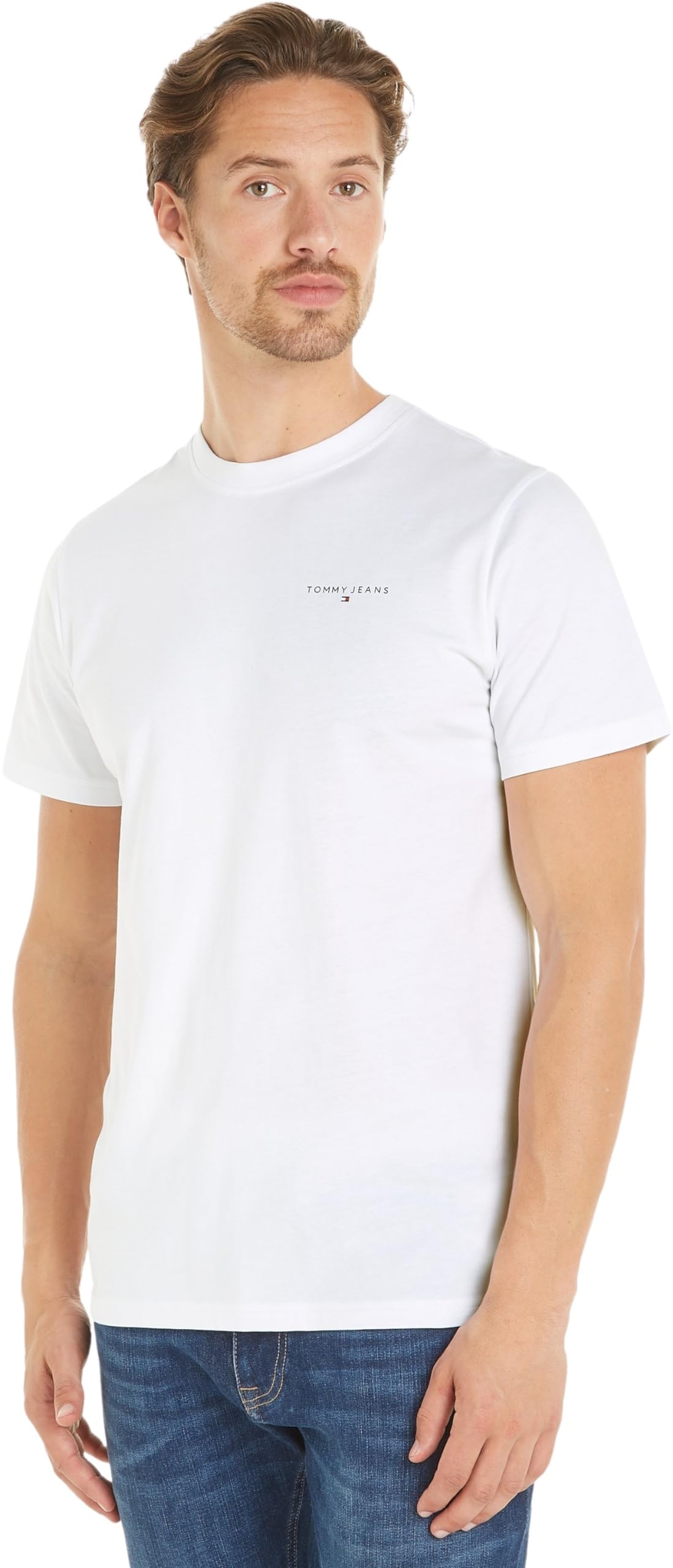 Tommy Jeans Men's Tjm Slim Linear Chest Tee Ext Dm0dm18555 S/S T-Shirt, White (White), XXL