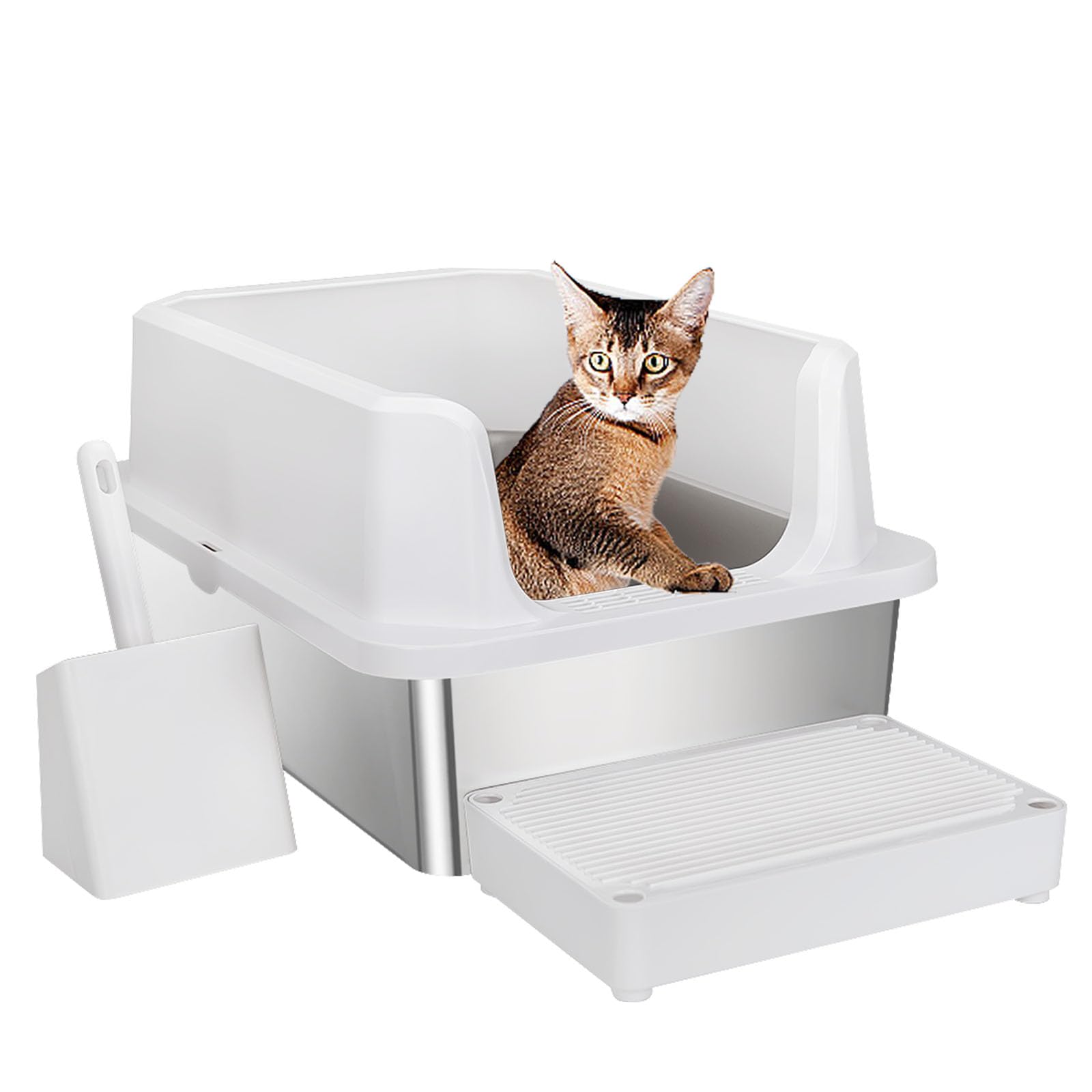 RIZZARI Stainless Steel Litter Box: Large White Open Top Design with Odor-Resistant Steel & High Walls - Leakproof & Durable Teflon Coating- Ideal for Multiple Cats - Living Room Balcony Use