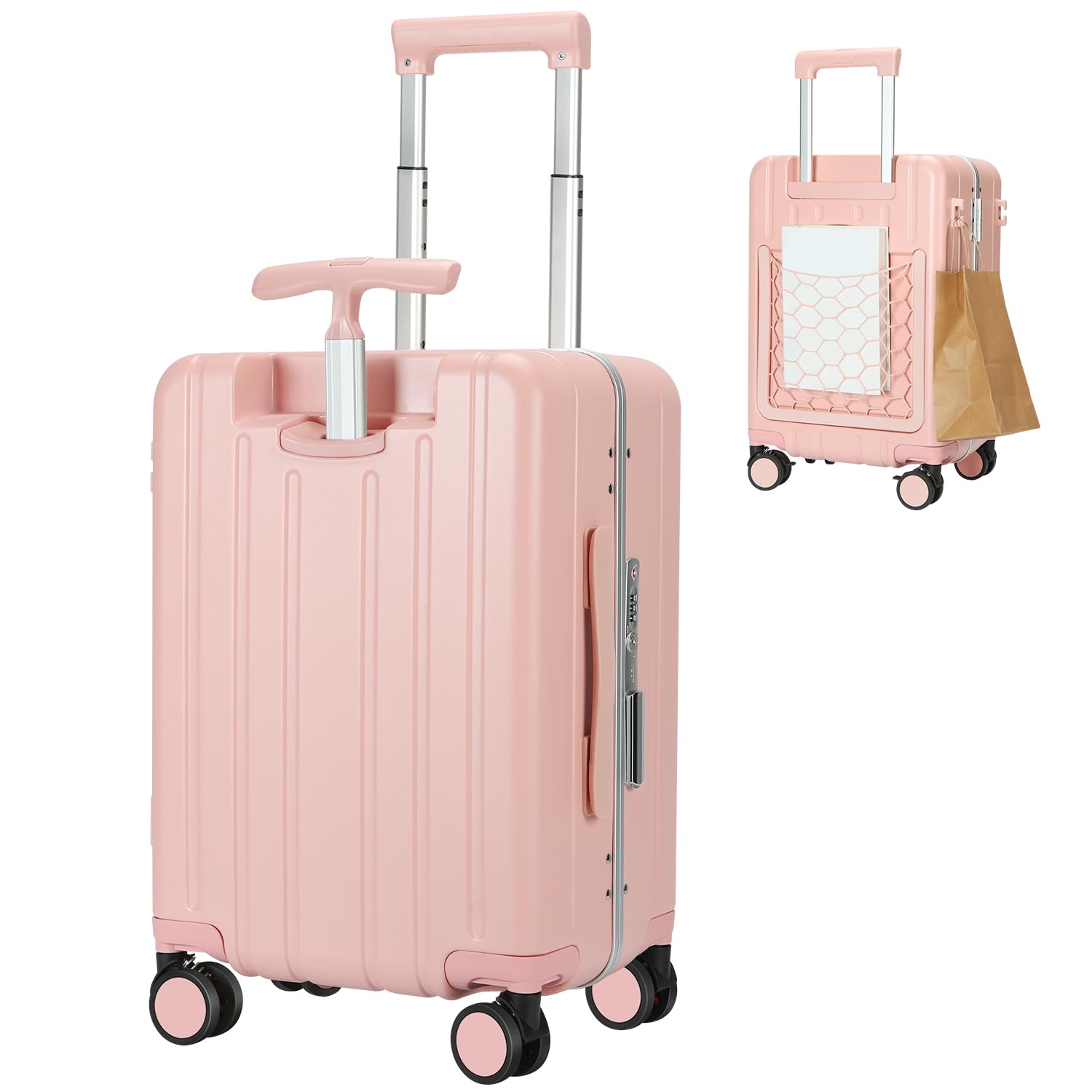 MRPLUM Carry On Luggage Double Handle Suitcase with Net Pocket,Hard Shell Spinner Wheels Luggage with TSA Lock&Seat Belt,20 inch,Pink