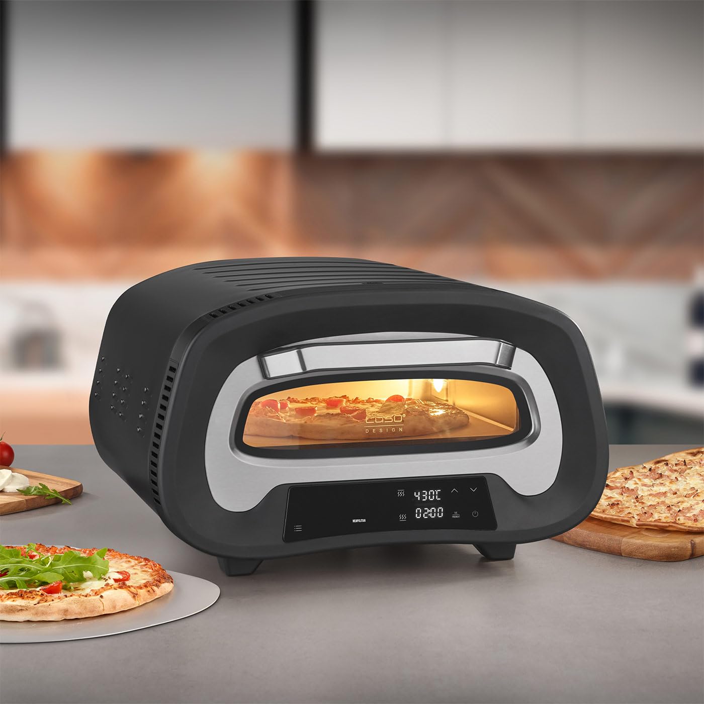 CASO PizzaChef 430° - Forno pizza elettrico per pizza italiana perfetta in soli 3 minuti, Termostato regolabile 80-430°C, Ricettario e Pala inclusi, Struttura in acciaio inox - colore nero