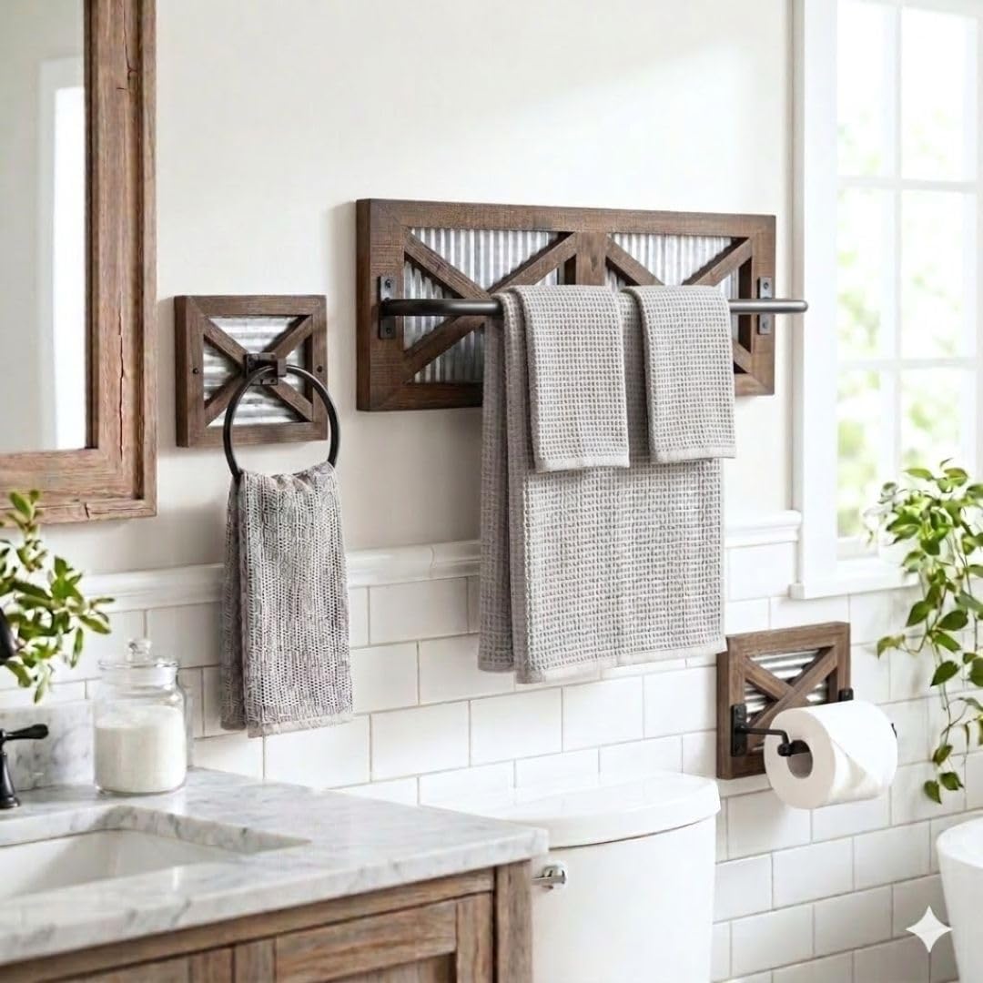 autumn alley farmhouse toilet paper holder, towel ring for bathroom, farmhouse towel rack holder set, 3pcs, wall mount for farmhouse bathroom decor and accessories, rustic wooden, brown
