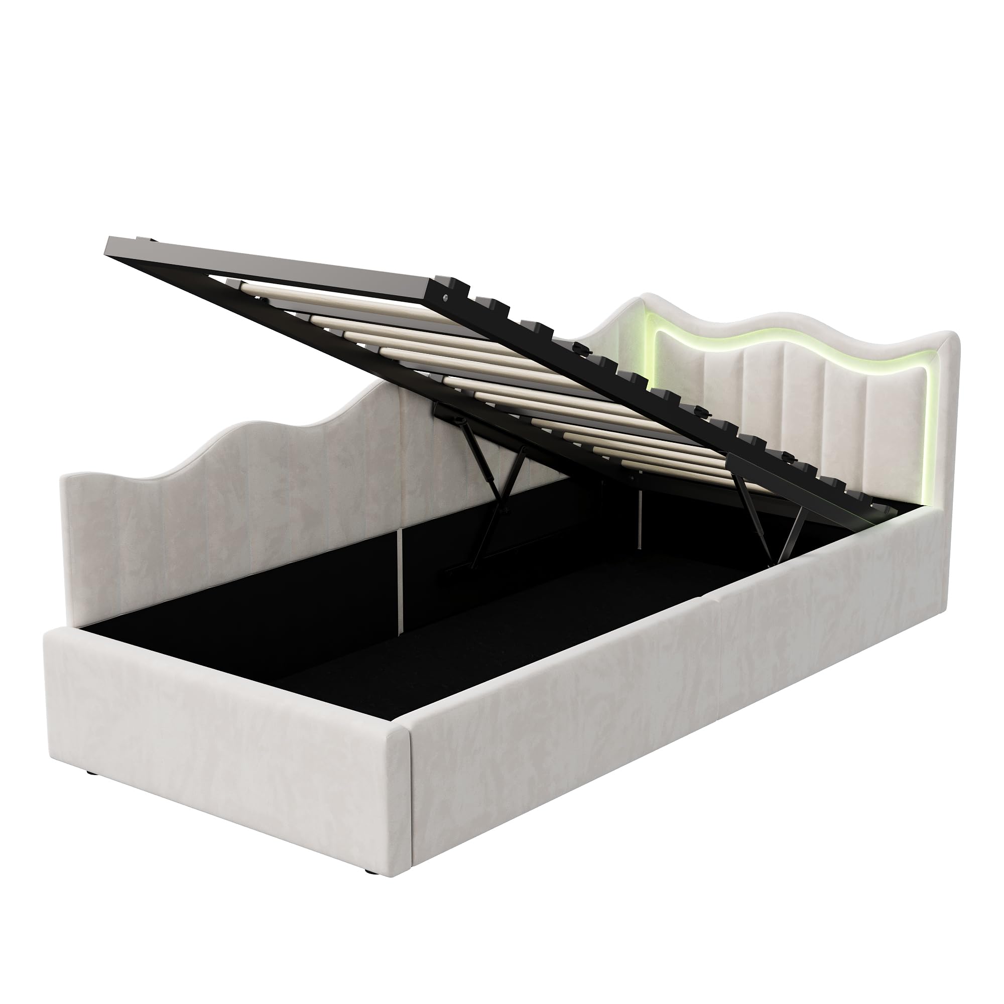 Cama tapizada, sofá cama 90 x 200 cm, con iluminación LED, cama individual con LED integrado, 90 x 200 cm, cama juvenil con espacio de almacenamiento hidráulico y cabecero, tela de terciopelo, cama de